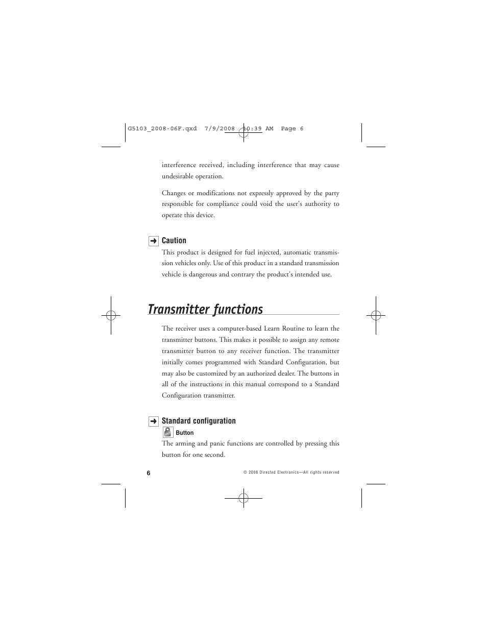Transmitter functions | Avital G5103 User Manual | Page 9 / 43