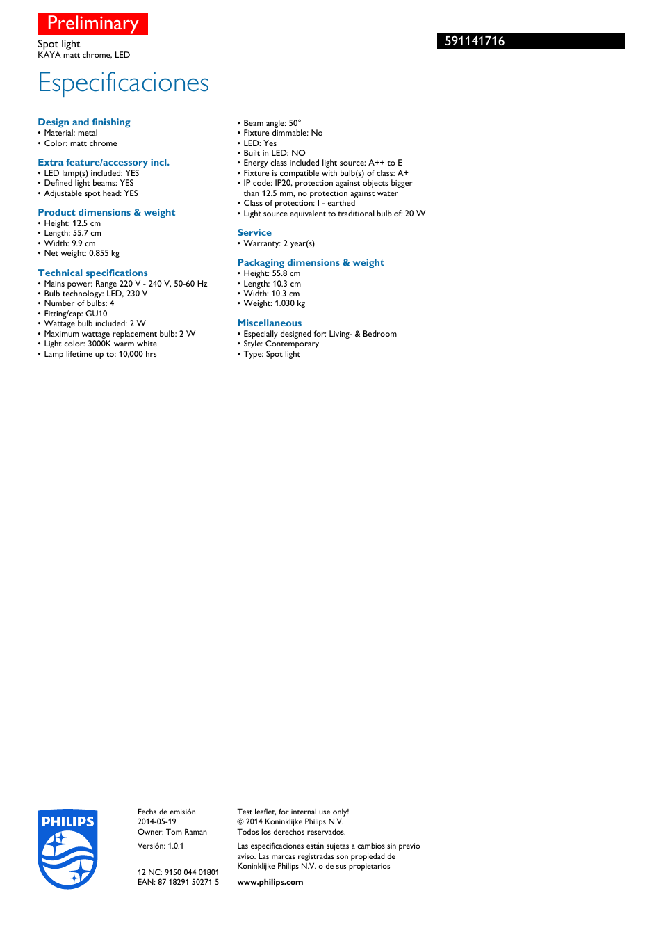 Especificaciones, Preliminary | Philips myLiving Foco User Manual | Page 3 / 3