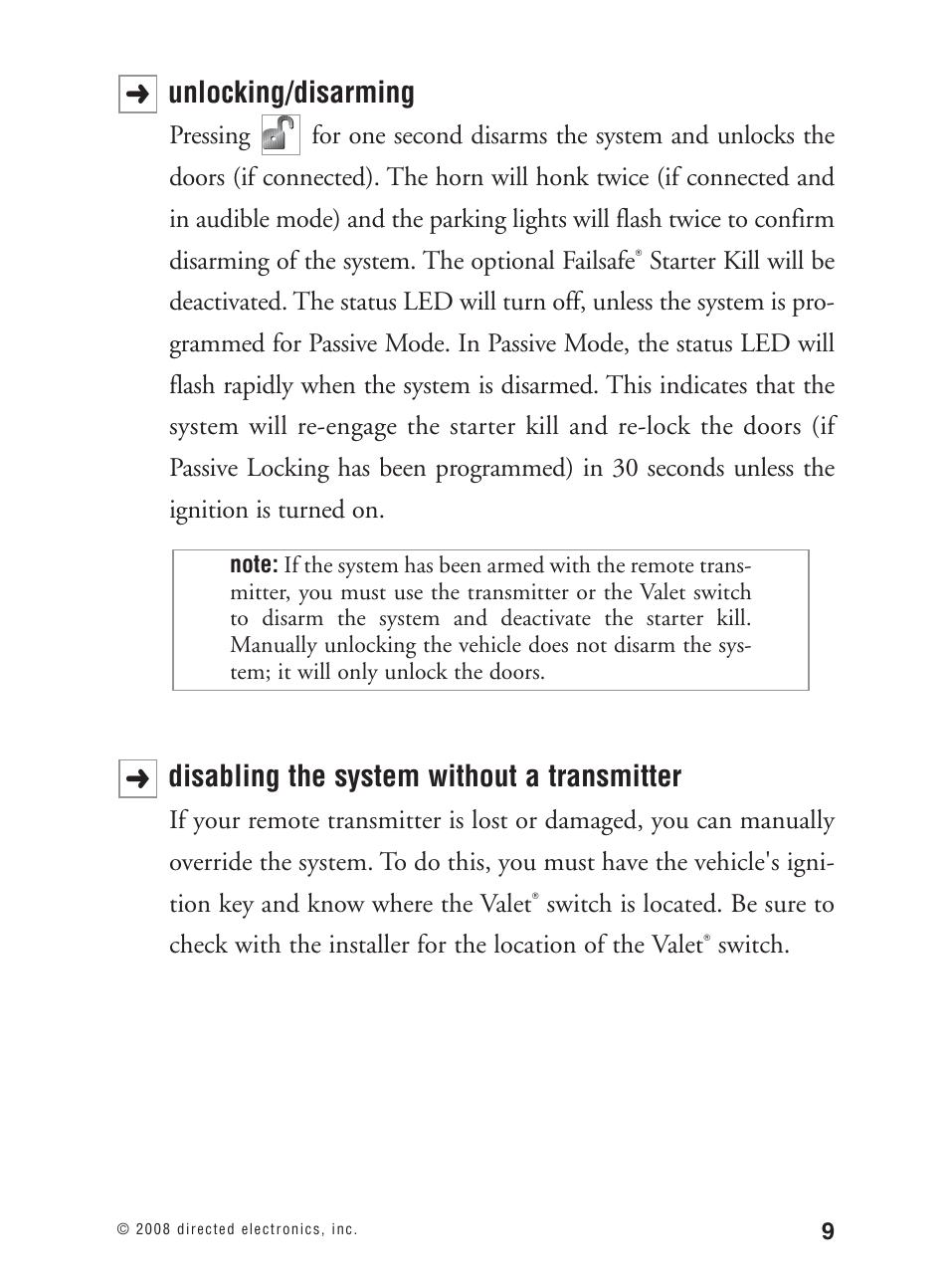 Unlocking/disarming, Disabling the system without a transmitter | Avital Keyless Entry System. 2101L User Manual | Page 10 / 19
