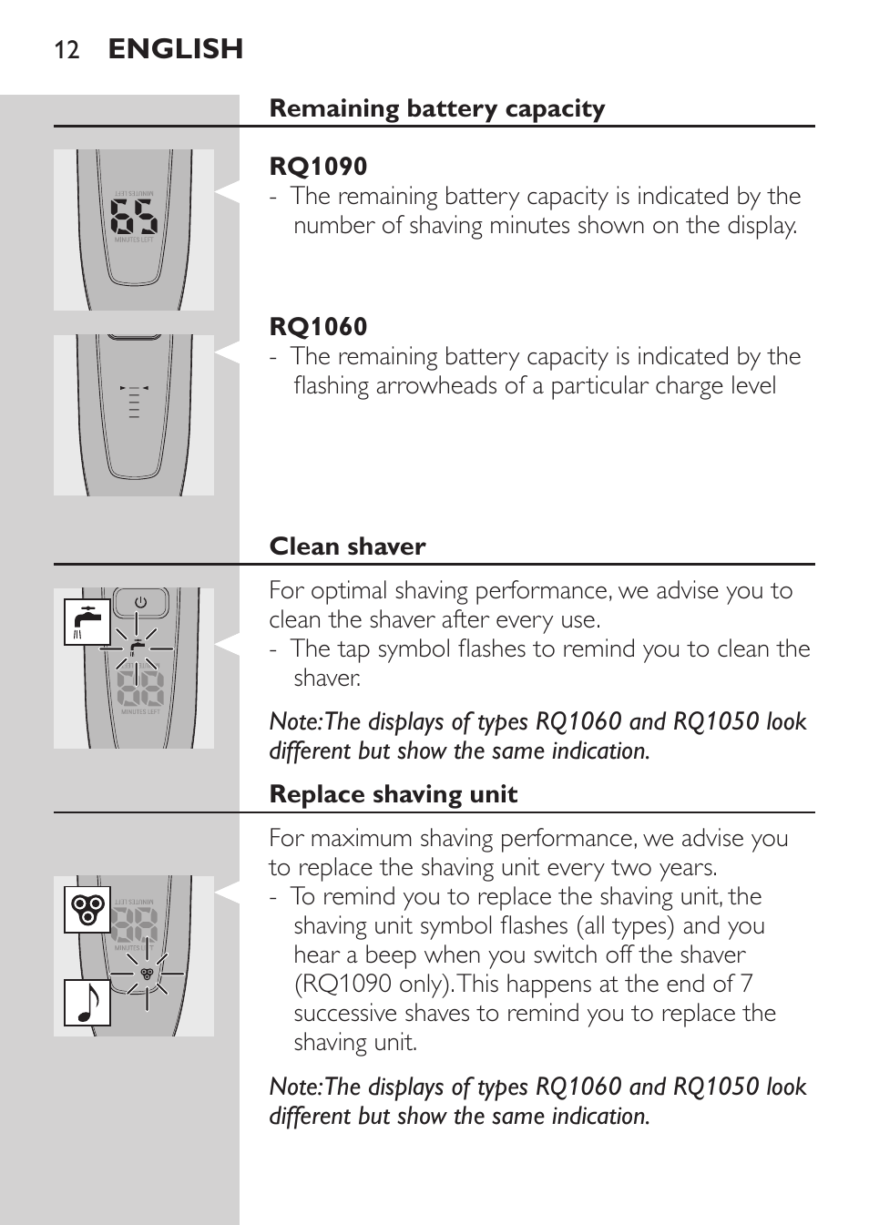 Remaining battery capacity, Rq1090, Rq1060 | Clean shaver, Replace shaving unit | Philips Afeitadora eléctrica User Manual | Page 10 / 190