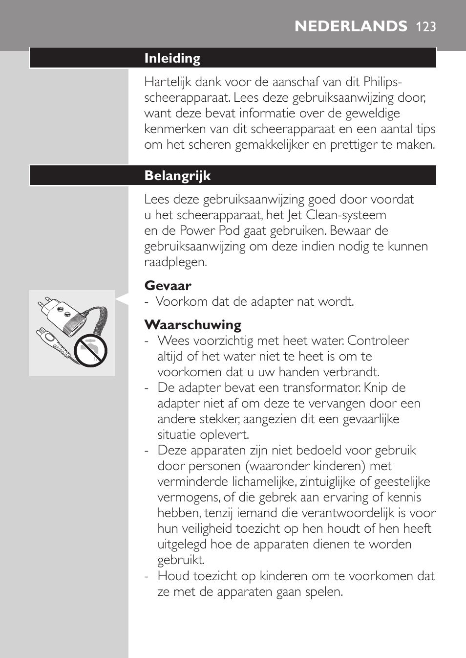 Gevaar, Waarschuwing, Nederlands | Inleiding, Belangrijk | Philips Afeitadora eléctrica User Manual | Page 121 / 190