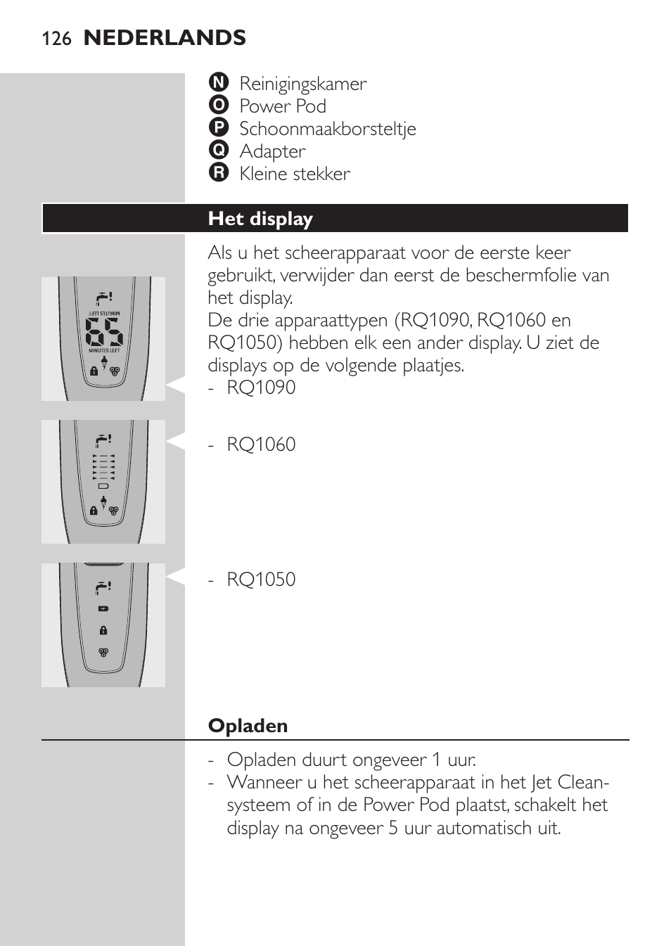 Het display, Opladen | Philips Afeitadora eléctrica User Manual | Page 124 / 190