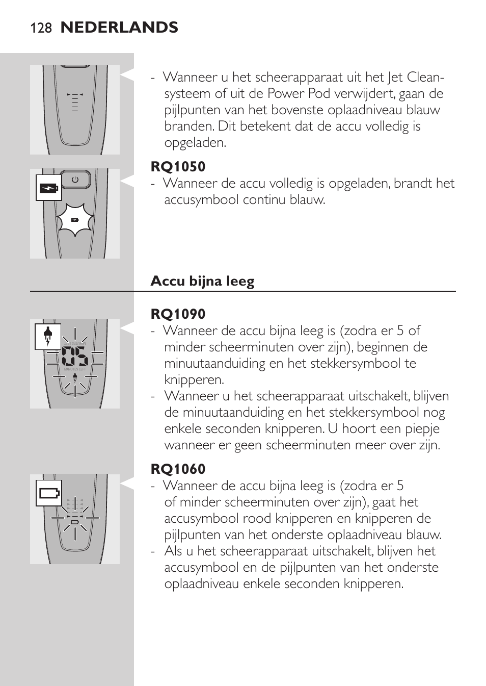 Rq1050, Accu bijna leeg, Rq1090 | Rq1060 | Philips Afeitadora eléctrica User Manual | Page 126 / 190