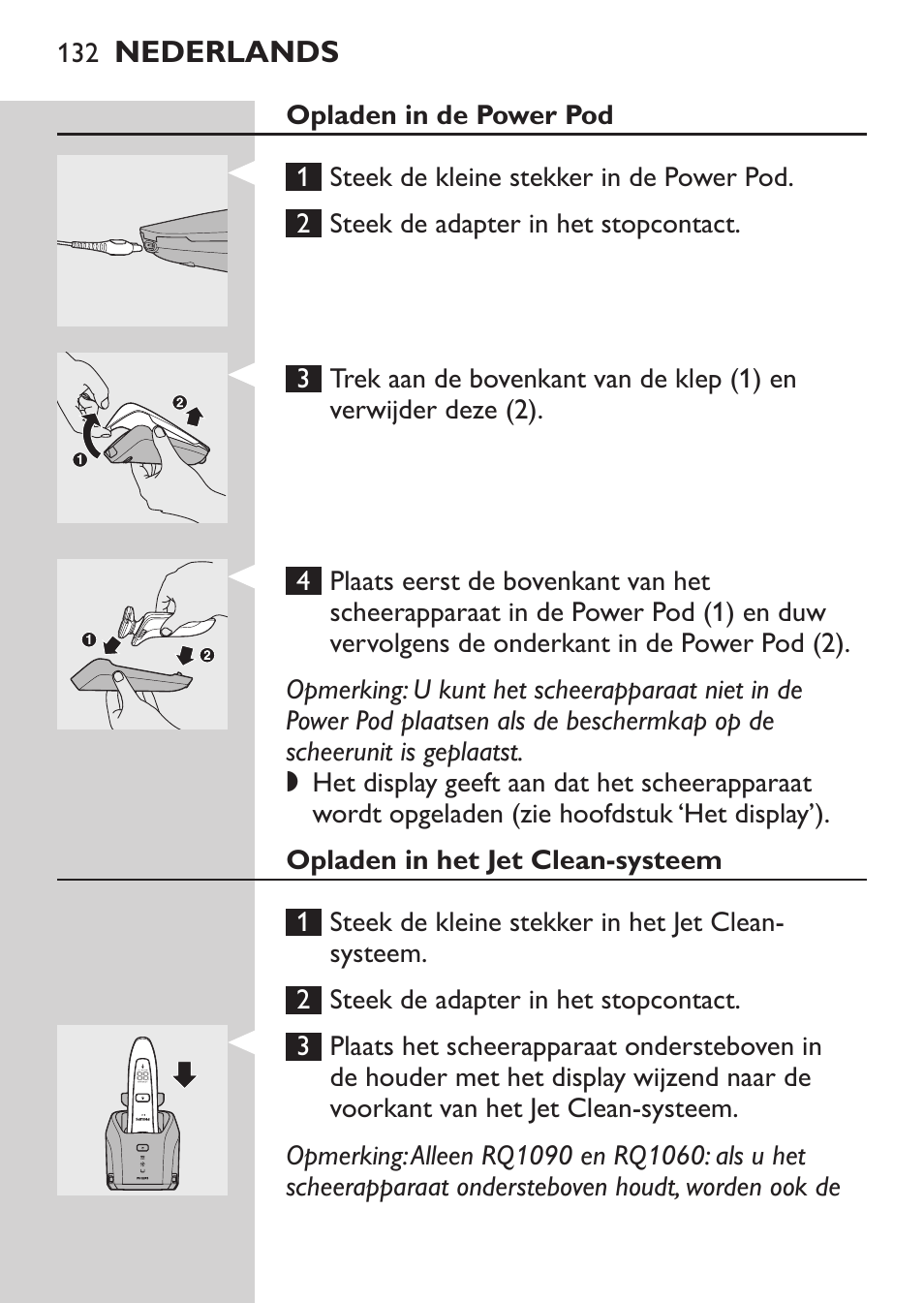 Opladen in de power pod, Opladen in het jet clean-systeem | Philips Afeitadora eléctrica User Manual | Page 130 / 190