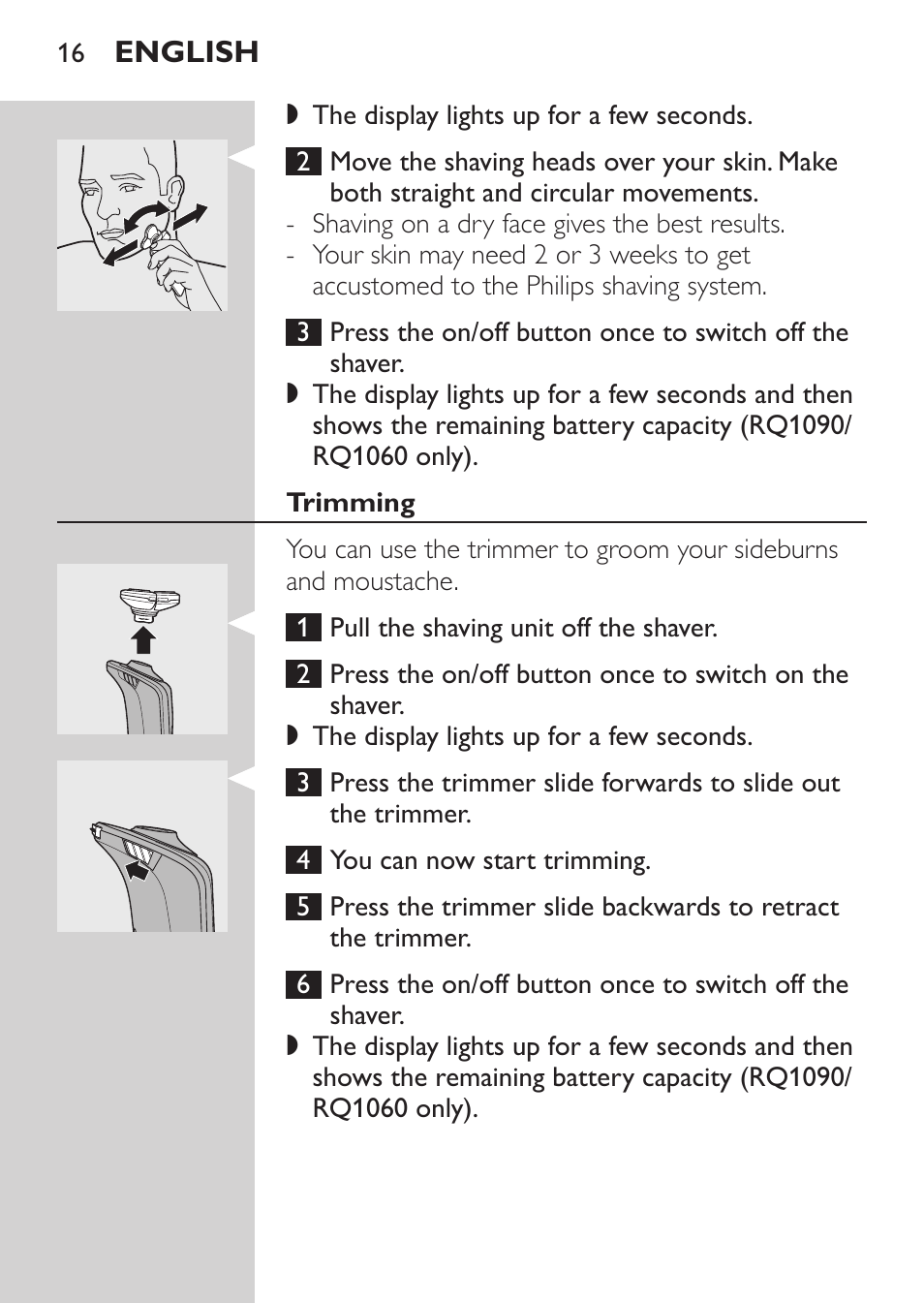 Trimming | Philips Afeitadora eléctrica User Manual | Page 14 / 190