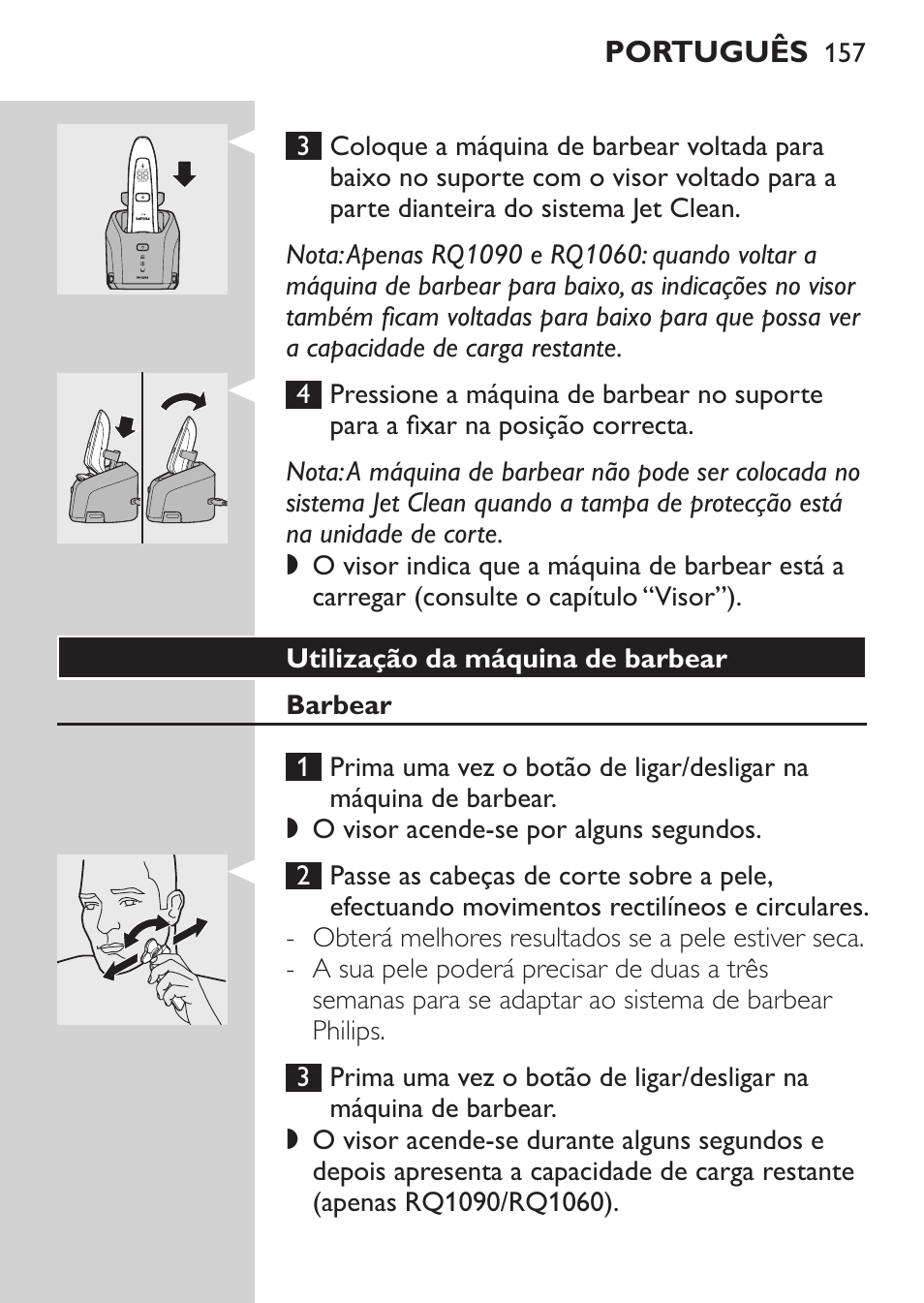 Carga rápida, Carregar no power pod, Carregar no sistema jet clean | Philips Afeitadora eléctrica User Manual | Page 155 / 190