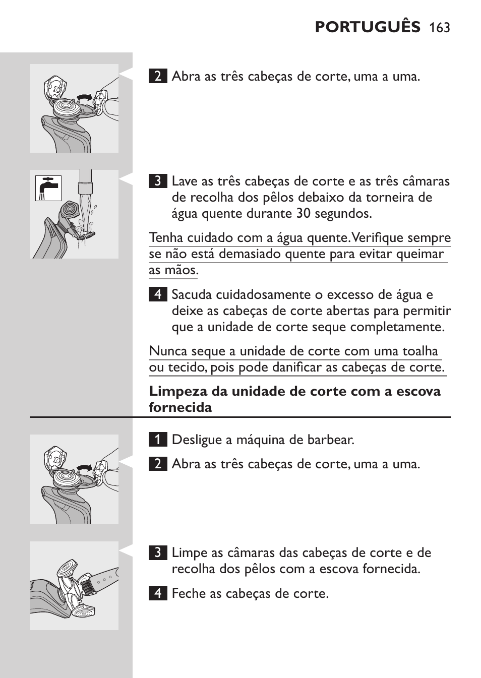 Limpeza da unidade de corte à torneira | Philips Afeitadora eléctrica User Manual | Page 161 / 190