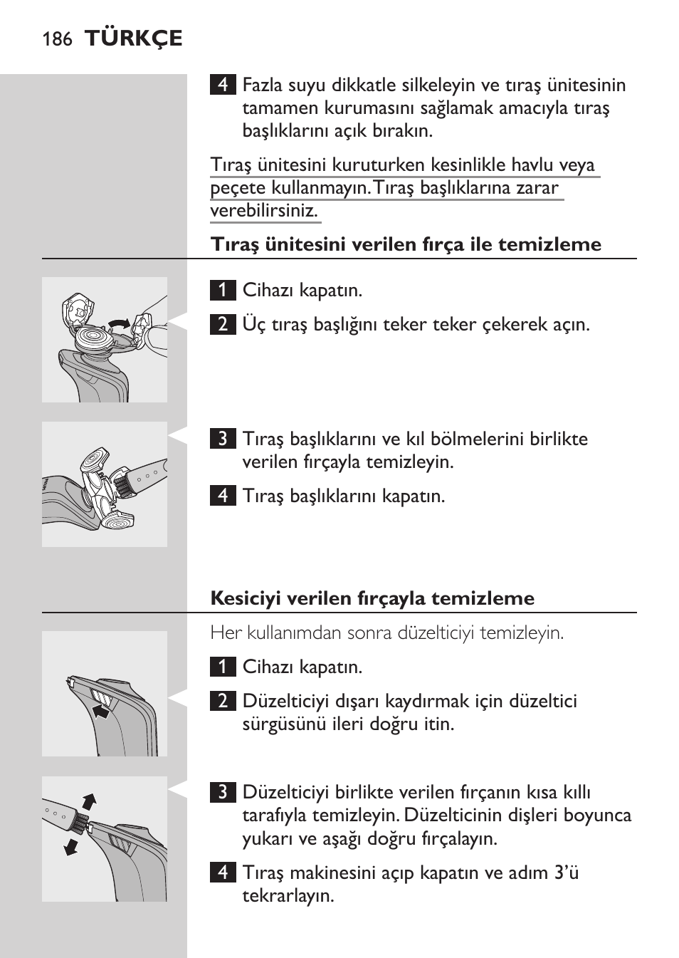 Jet clean sisteminin temizlenmesi, Tıraş ünitesini muslukta temizleme | Philips Afeitadora eléctrica User Manual | Page 184 / 190