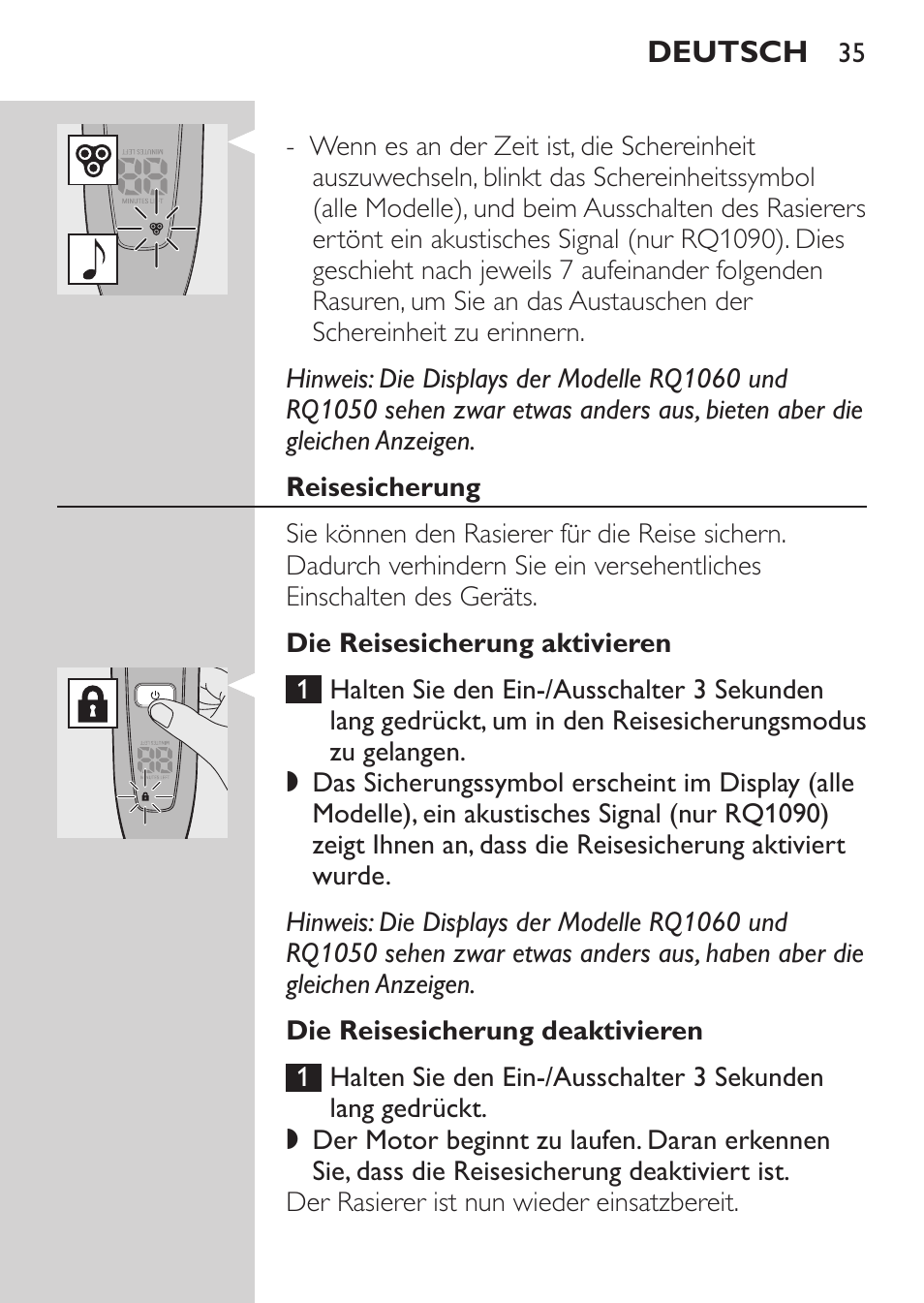 Reisesicherung, Die reisesicherung aktivieren, Die reisesicherung deaktivieren | Philips Afeitadora eléctrica User Manual | Page 33 / 190