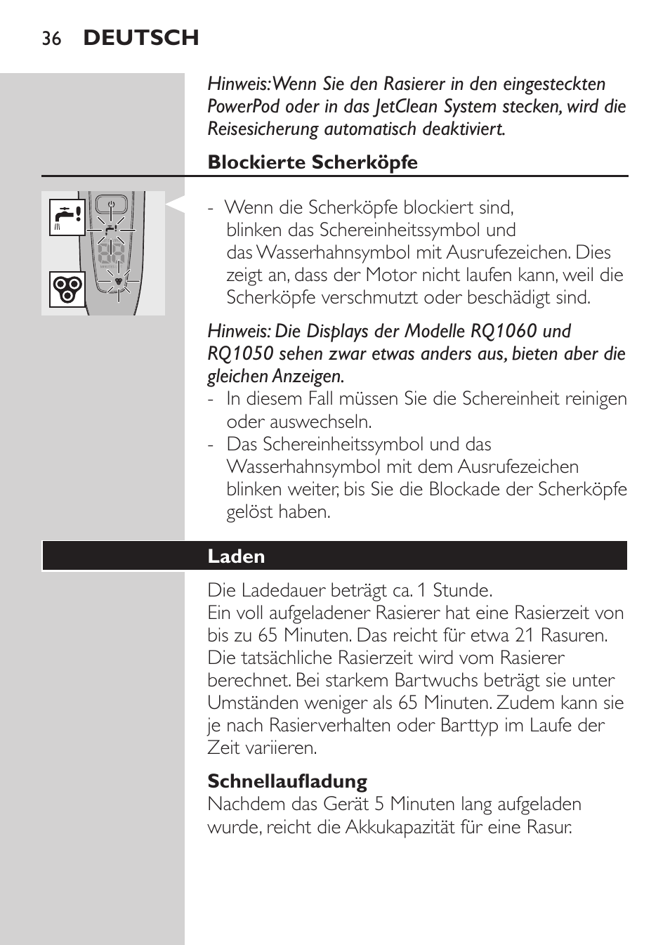 Blockierte scherköpfe, Schnellaufladung, Laden | Philips Afeitadora eléctrica User Manual | Page 34 / 190