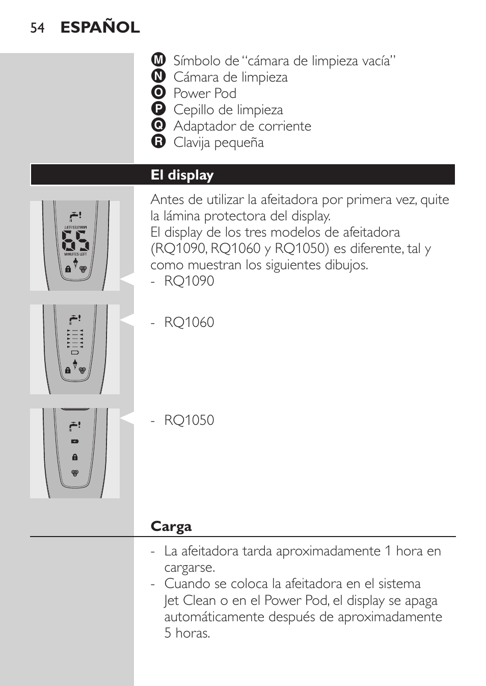 El display, Carga | Philips Afeitadora eléctrica User Manual | Page 52 / 190