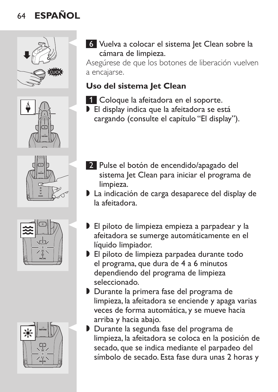 Preparación del sistema jet clean para su uso | Philips Afeitadora eléctrica User Manual | Page 62 / 190