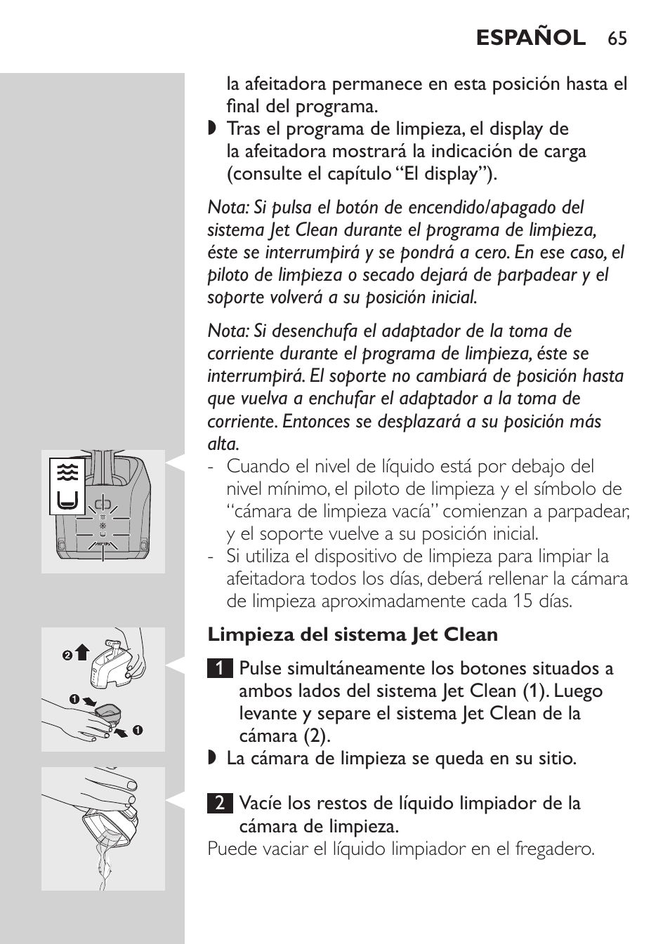 Uso del sistema jet clean | Philips Afeitadora eléctrica User Manual | Page 63 / 190