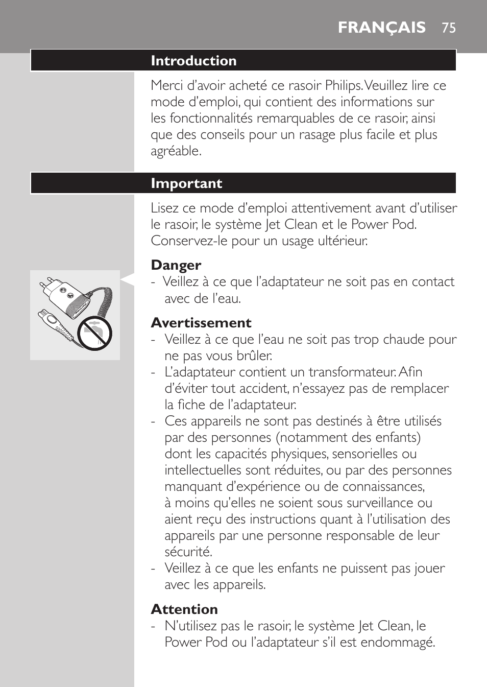 Danger, Avertissement, Attention | Français, Introduction, Important | Philips Afeitadora eléctrica User Manual | Page 73 / 190