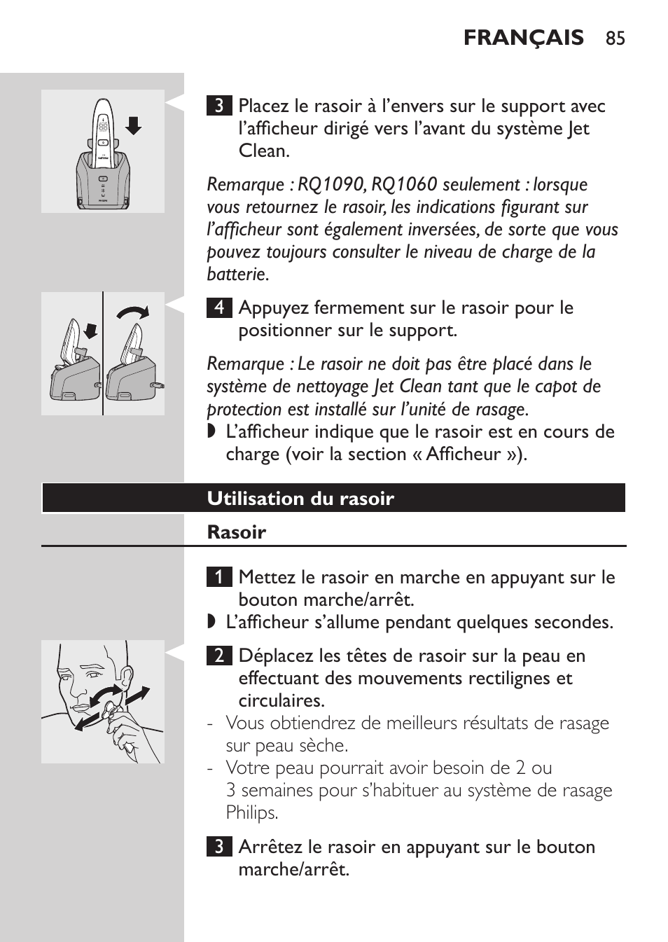 Utilisation du rasoir, Rasoir | Philips Afeitadora eléctrica User Manual | Page 83 / 190