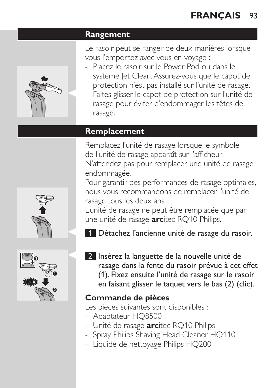 Commande de pièces, Rangement, Remplacement | Philips Afeitadora eléctrica User Manual | Page 91 / 190