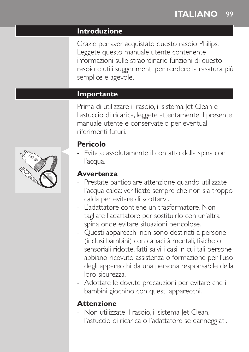 Pericolo, Avvertenza, Attenzione | Italiano, Introduzione, Importante | Philips Afeitadora eléctrica User Manual | Page 97 / 190