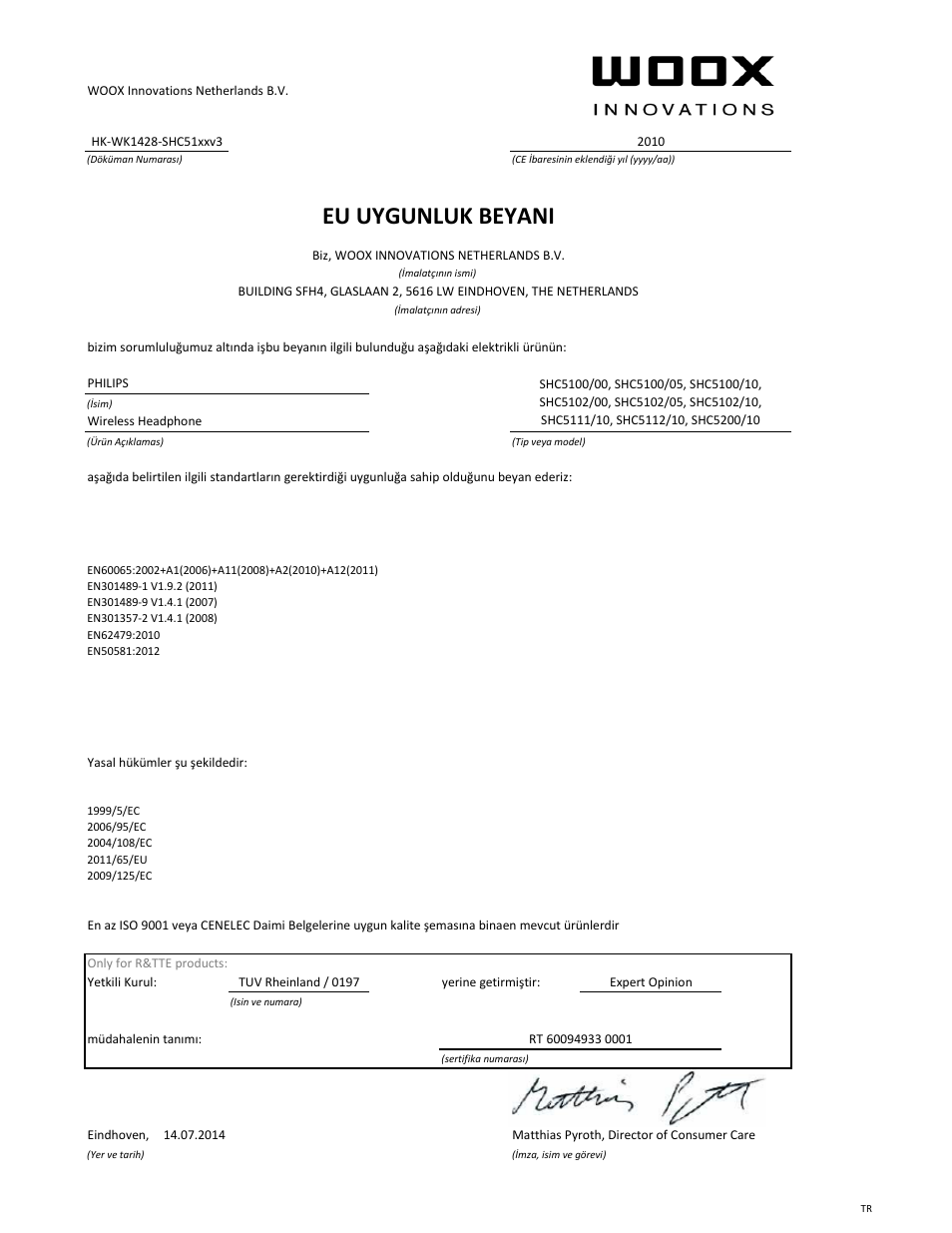 Eu uygunluk beyani | Philips Auricular Hi-Fi inalámbrico User Manual | Page 21 / 21