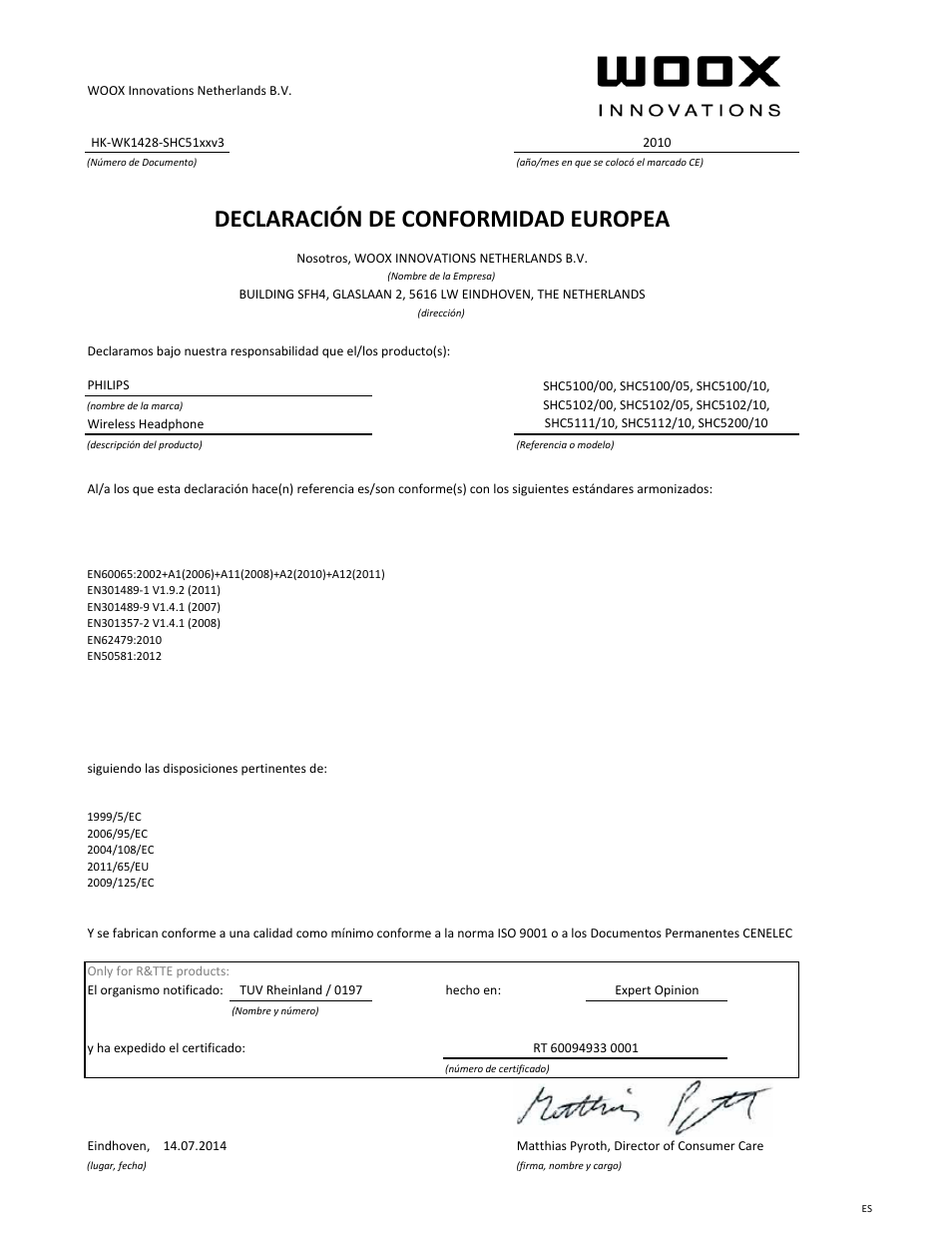 Declaración de conformidad europea | Philips Auricular Hi-Fi inalámbrico User Manual | Page 7 / 21