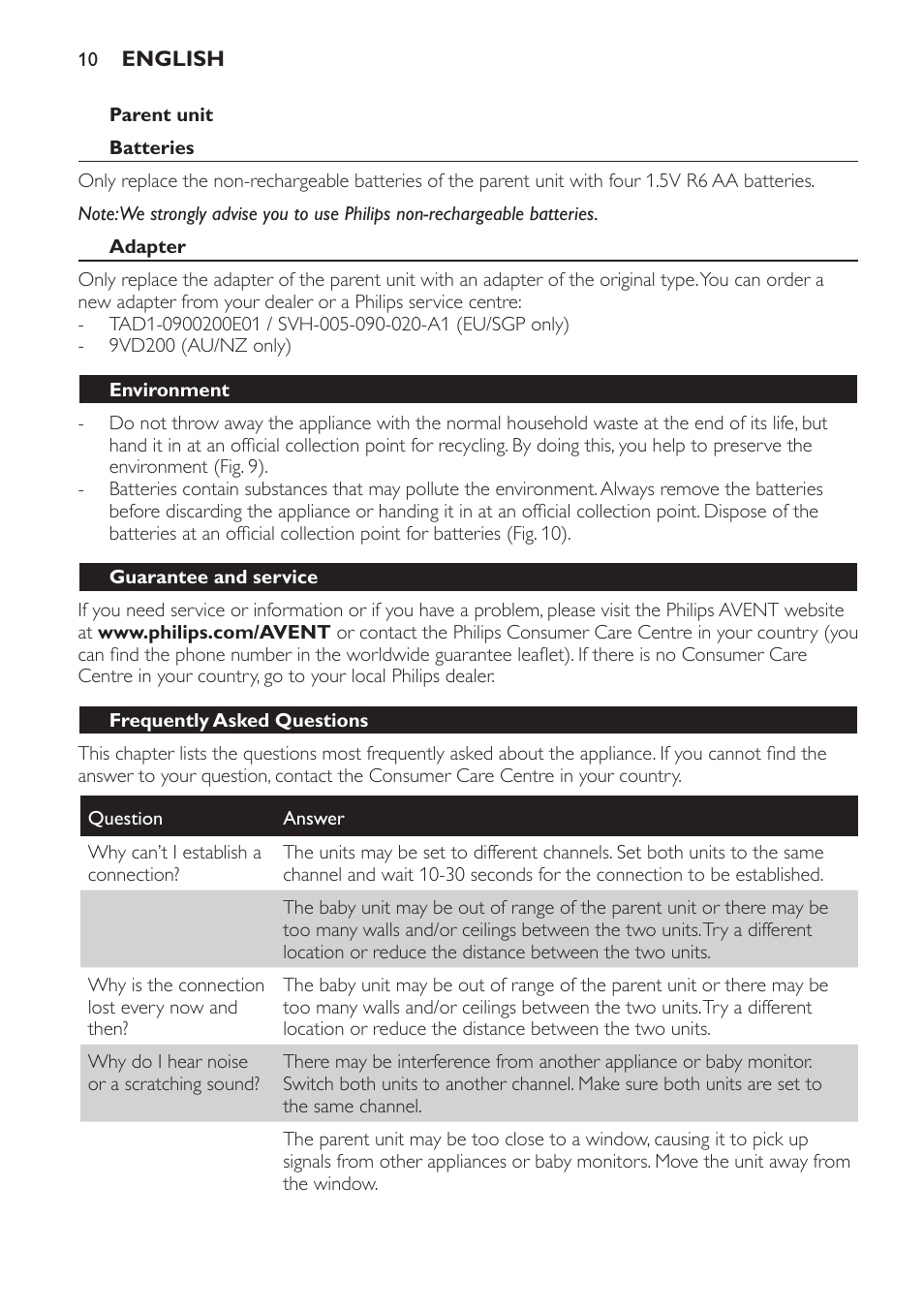 Parent unit, Batteries, Adapter | Environment, Guarantee and service, Frequently asked questions | Philips AVENT Vigilabebés analógico User Manual | Page 10 / 96
