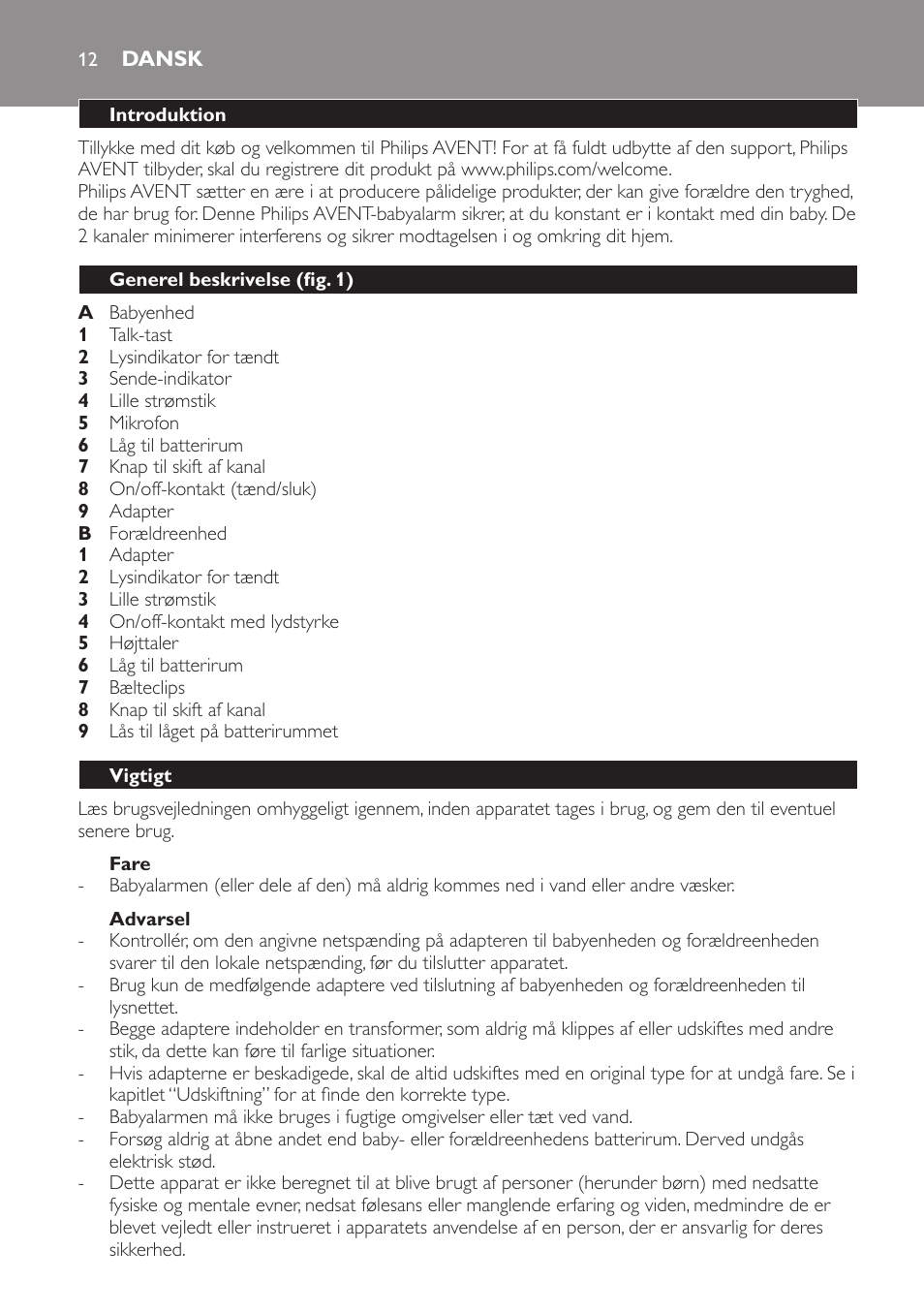 Fare, Advarsel, Dansk | Introduktion, Generel beskrivelse (fig. 1), Vigtigt | Philips AVENT Vigilabebés analógico User Manual | Page 12 / 96