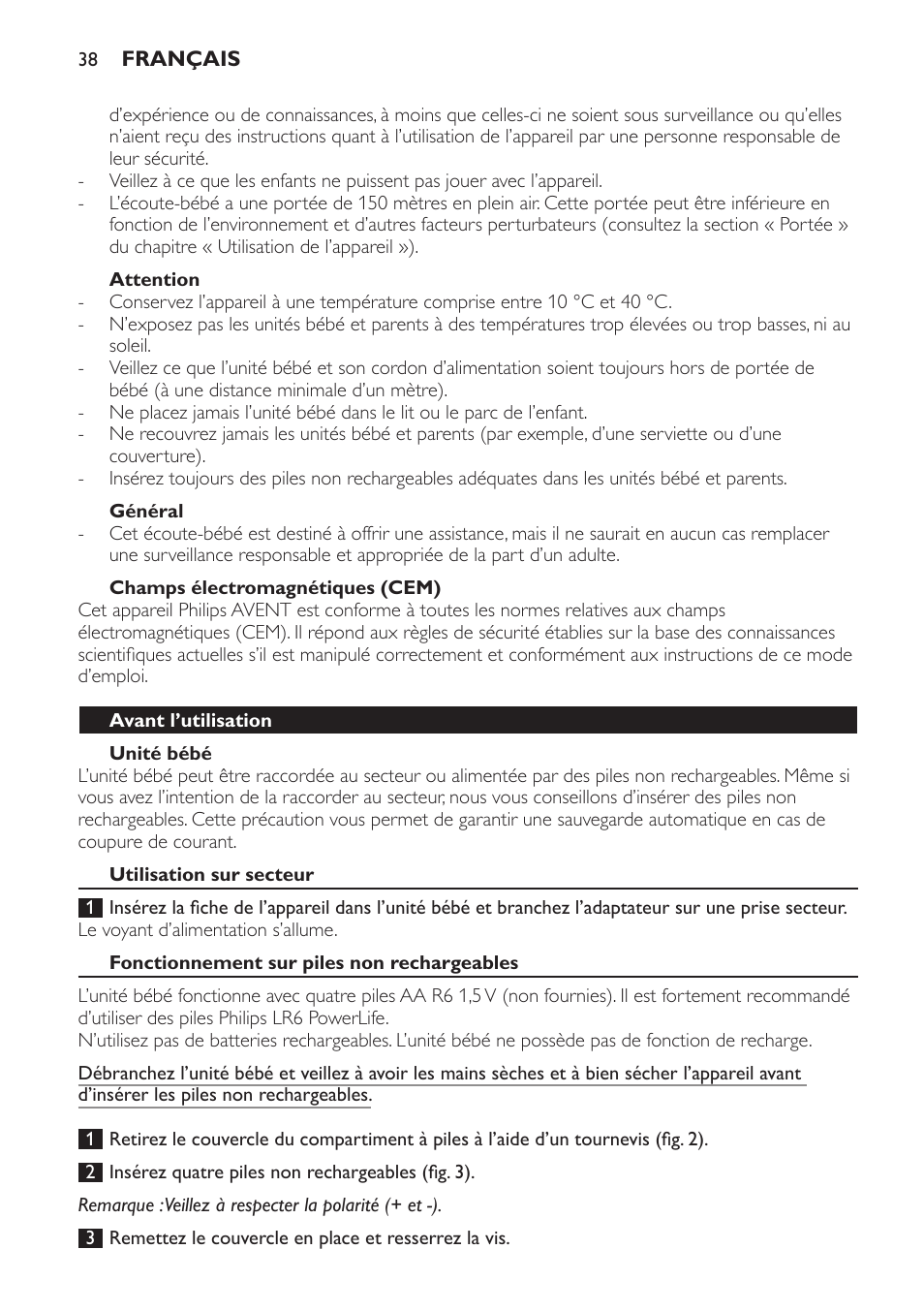 Attention, Général, Champs électromagnétiques (cem) | Unité bébé, Avant l’utilisation, Utilisation sur secteur, Fonctionnement sur piles non rechargeables | Philips AVENT Vigilabebés analógico User Manual | Page 38 / 96