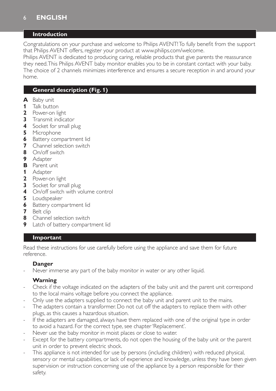 English, Introduction, General description (fig. 1) | Important, Danger, Warning | Philips AVENT Vigilabebés analógico User Manual | Page 6 / 96