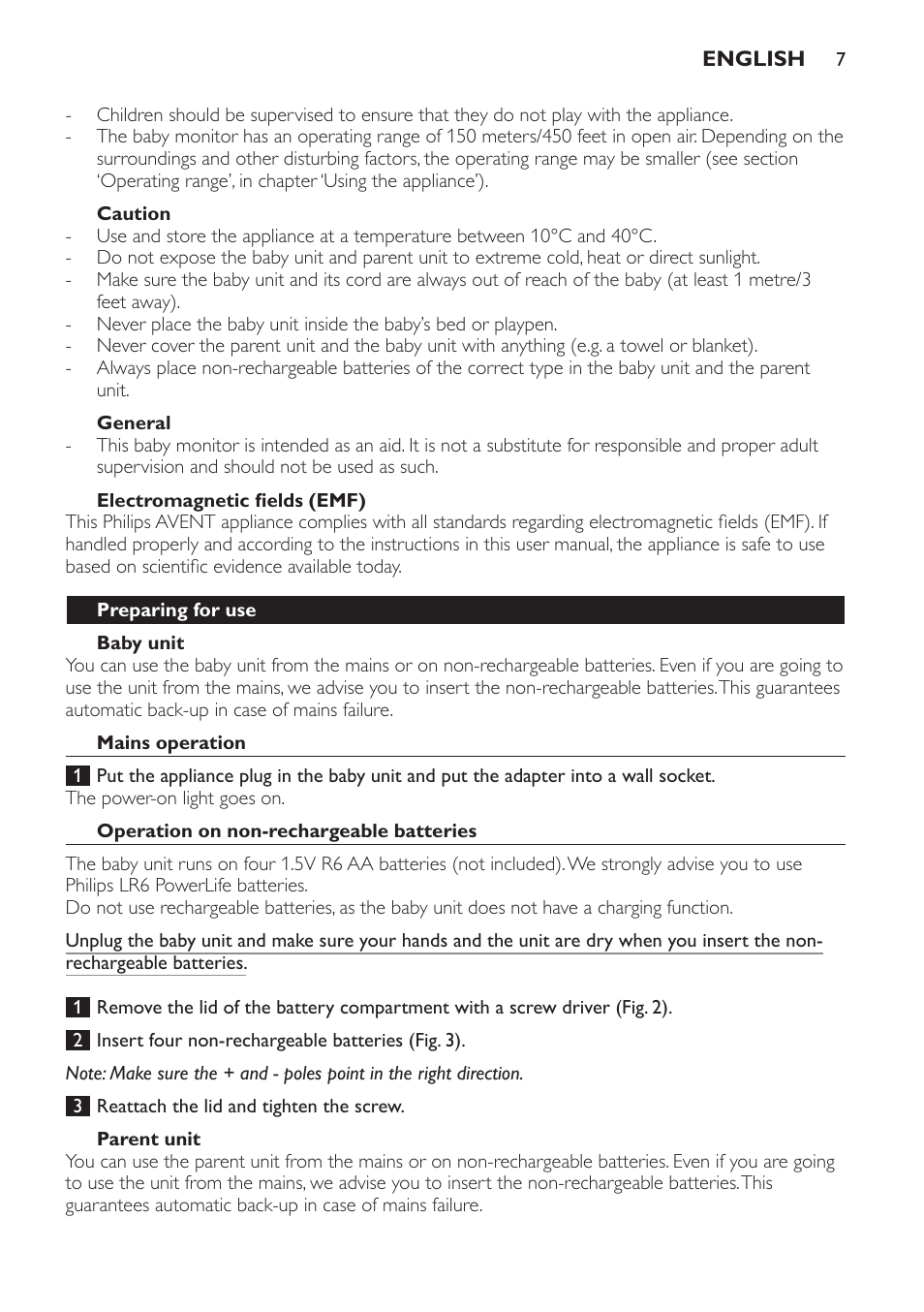 Caution, General, Electromagnetic fields (emf) | Preparing for use, Baby unit, Mains operation, Operation on non-rechargeable batteries, Parent unit | Philips AVENT Vigilabebés analógico User Manual | Page 7 / 96