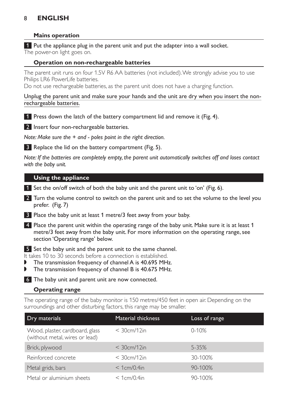 Mains operation, Operation on non-rechargeable batteries, Using the appliance | Operating range | Philips AVENT Vigilabebés analógico User Manual | Page 8 / 96