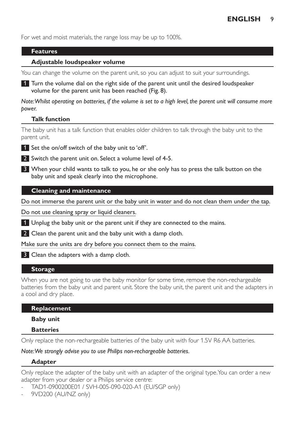 Features, Adjustable loudspeaker volume, Talk function | Baby unit, Cleaning and maintenance, Storage, Replacement, Batteries, Adapter | Philips AVENT Vigilabebés analógico User Manual | Page 9 / 96