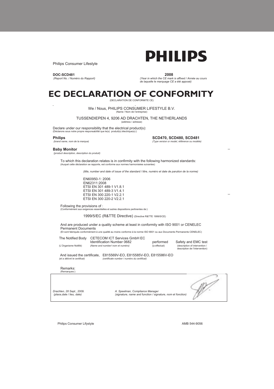 Ec declaration of conformity | Philips AVENT Vigilabebés analógico User Manual | Page 95 / 96
