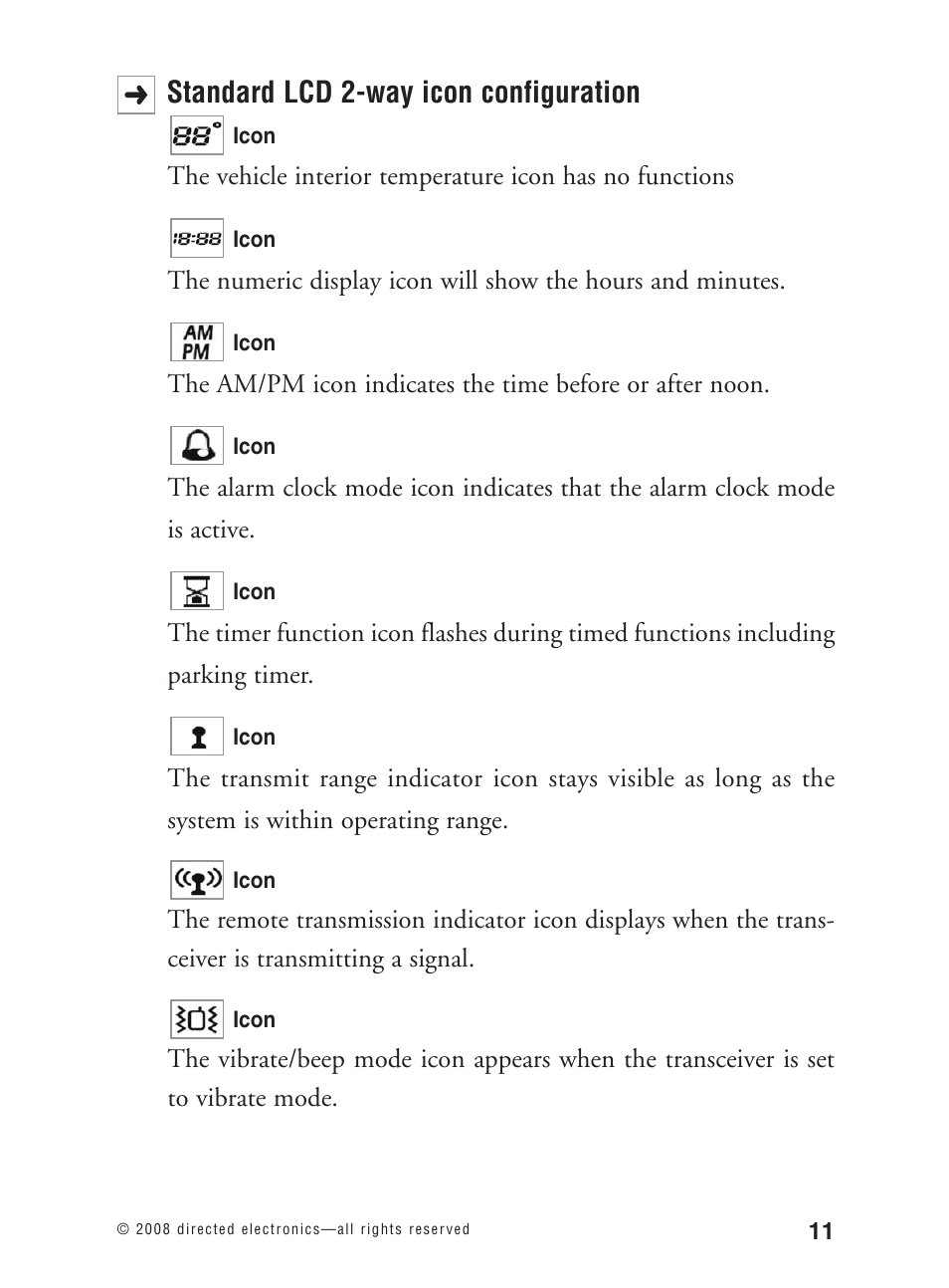 Standard lcd 2-way icon configuration | Avital 3300L User Manual | Page 16 / 41