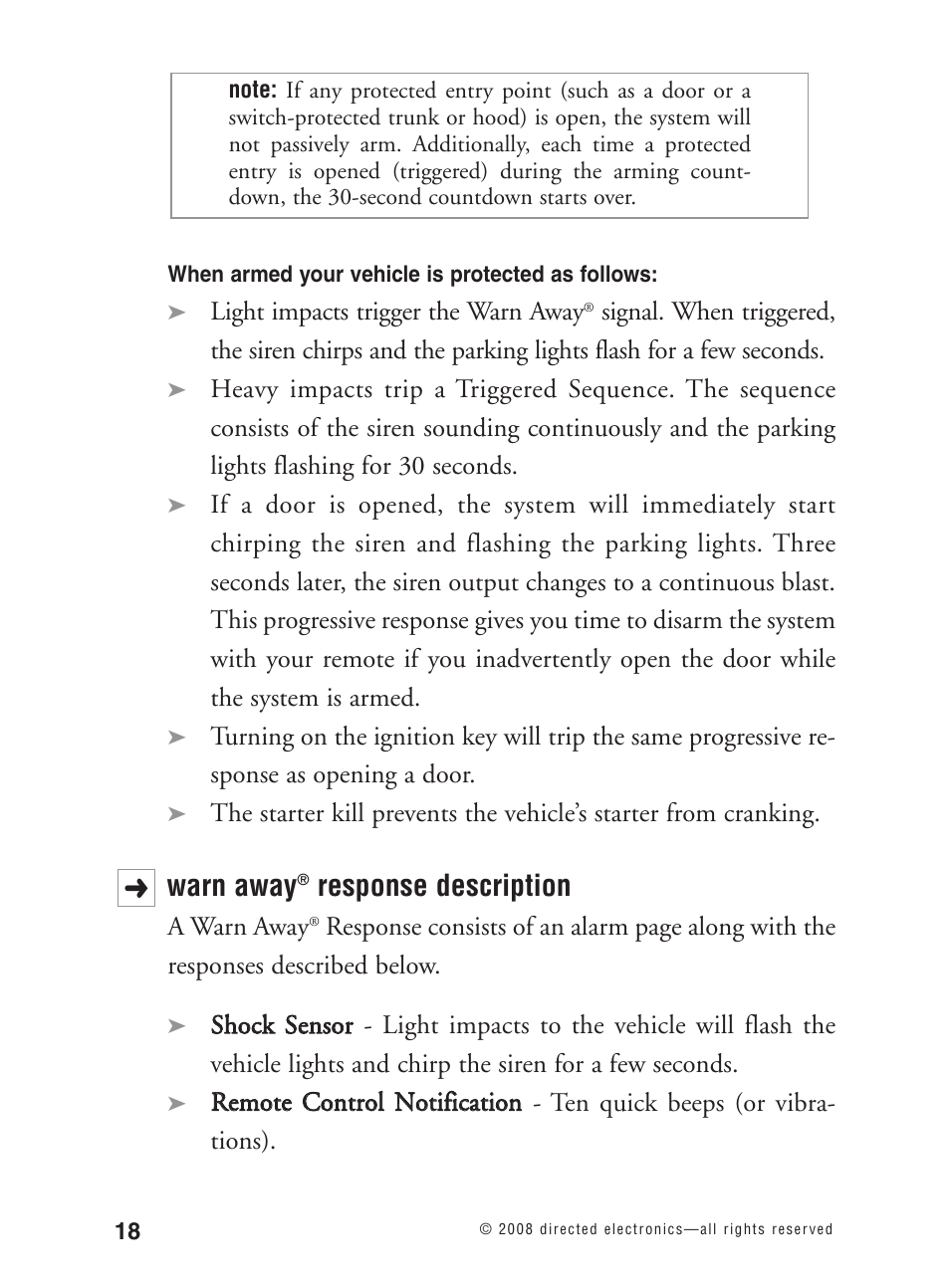 Warn away, Response description | Avital 3300L User Manual | Page 23 / 41