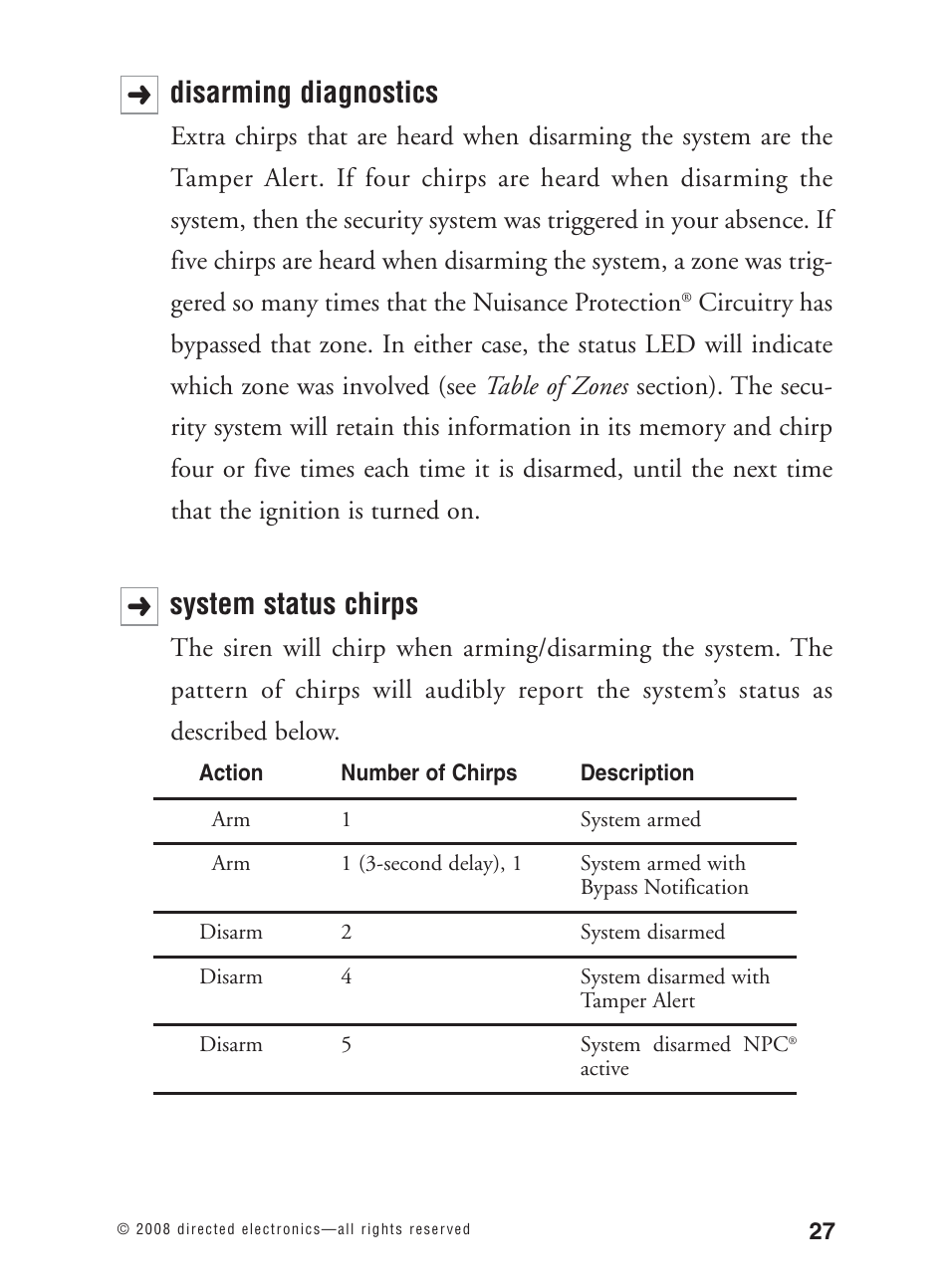 Disarming diagnostics, System status chirps | Avital 3300L User Manual | Page 32 / 41