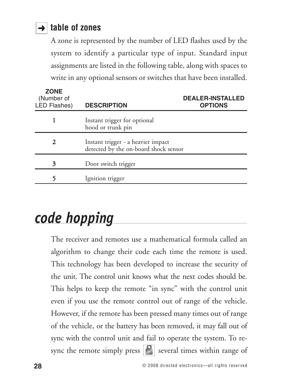 Code hopping, Table of zones | Avital 3300L User Manual | Page 33 / 41