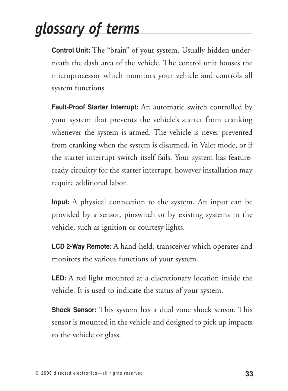 Glossary of terms | Avital 3300L User Manual | Page 38 / 41