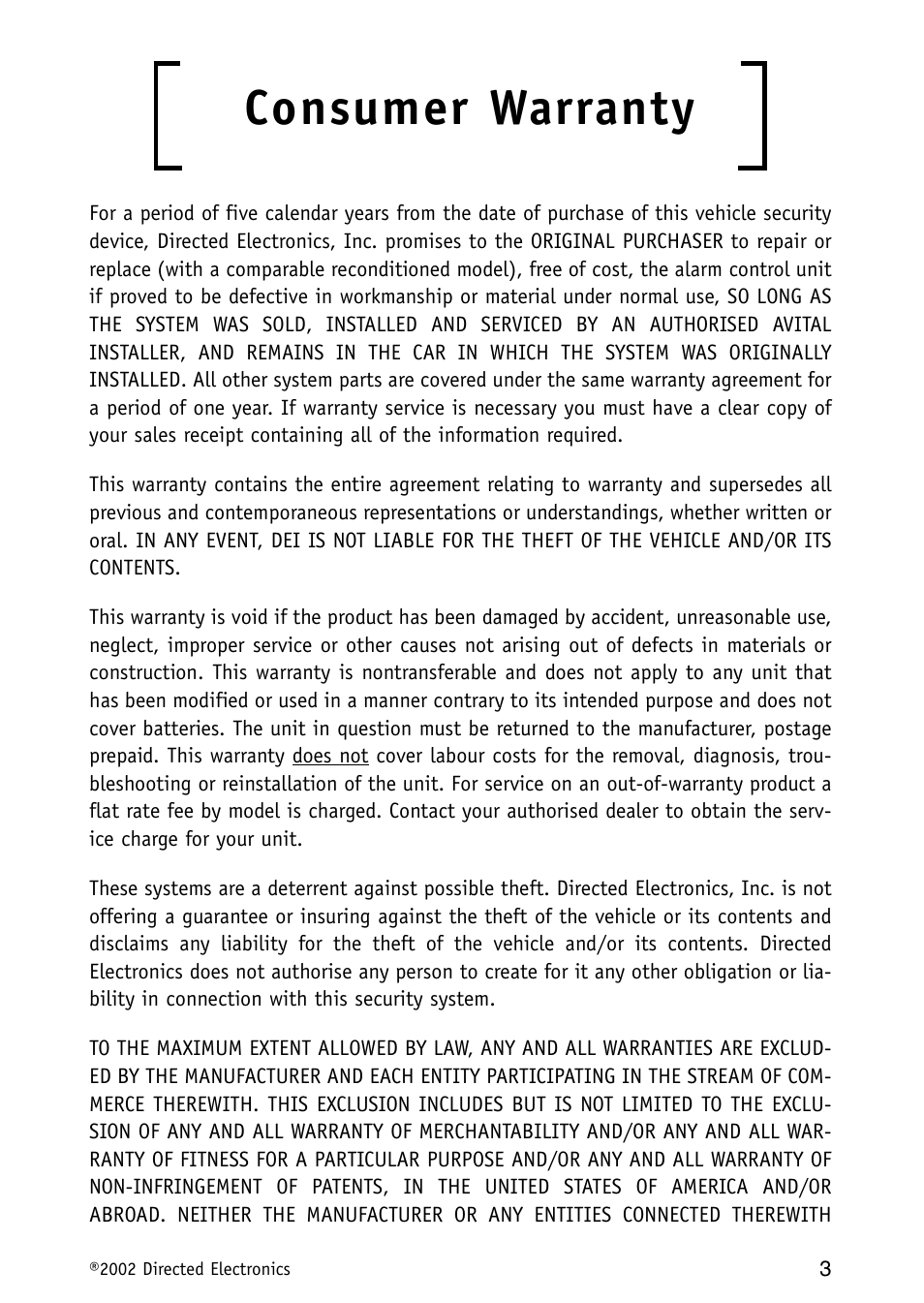 Consumer warranty | Avital MAXX2 User Manual | Page 3 / 34