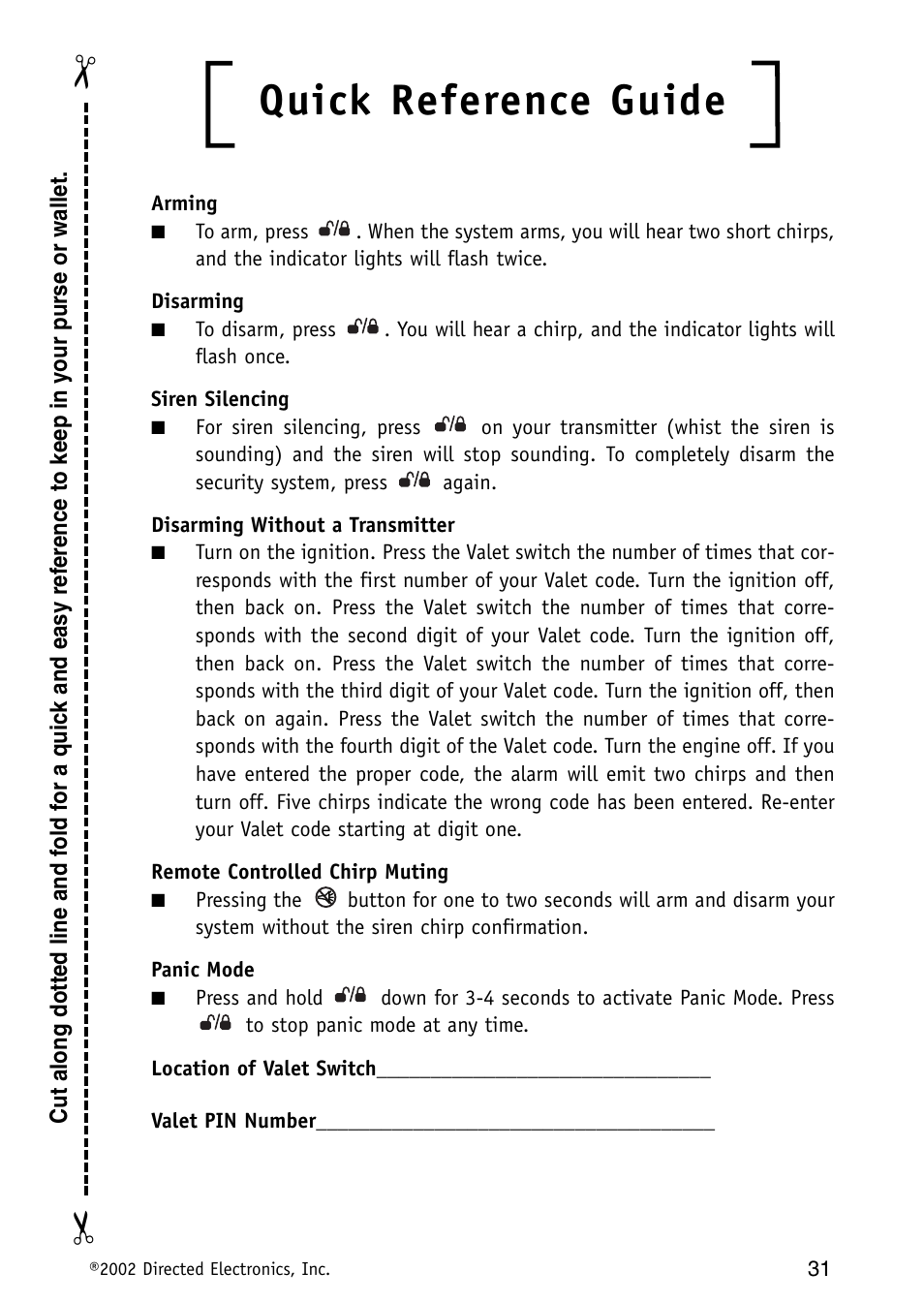 Quick reference guide | Avital MAXX2 User Manual | Page 31 / 34