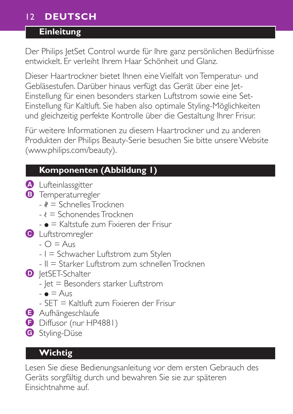 Deutsch 12 | Philips Secador User Manual | Page 12 / 88