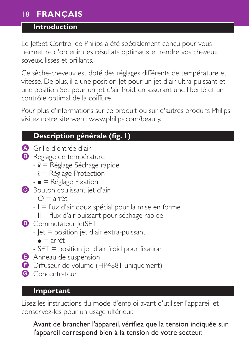 Français 18 | Philips Secador User Manual | Page 18 / 88