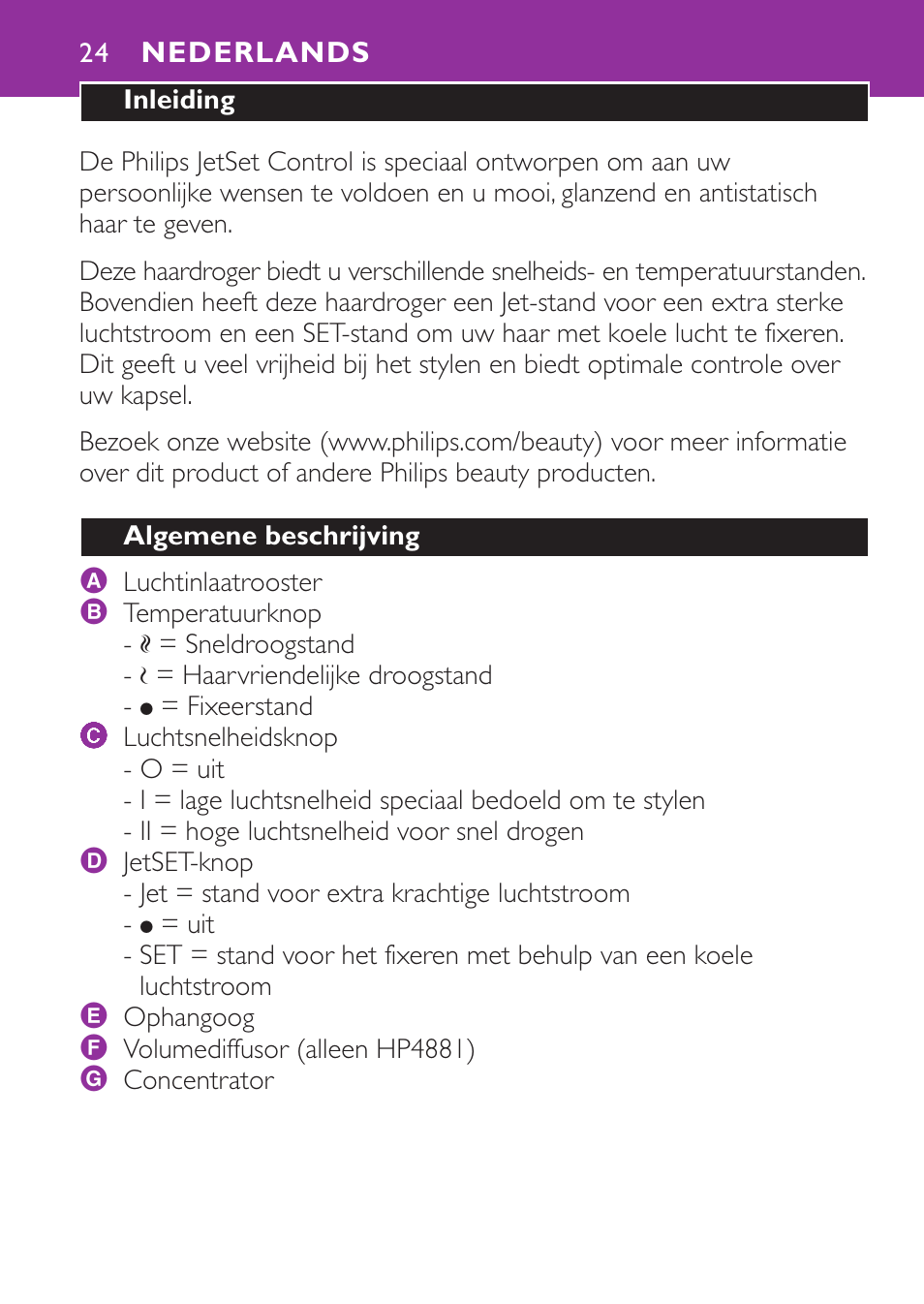 Nederlands 24 | Philips Secador User Manual | Page 24 / 88