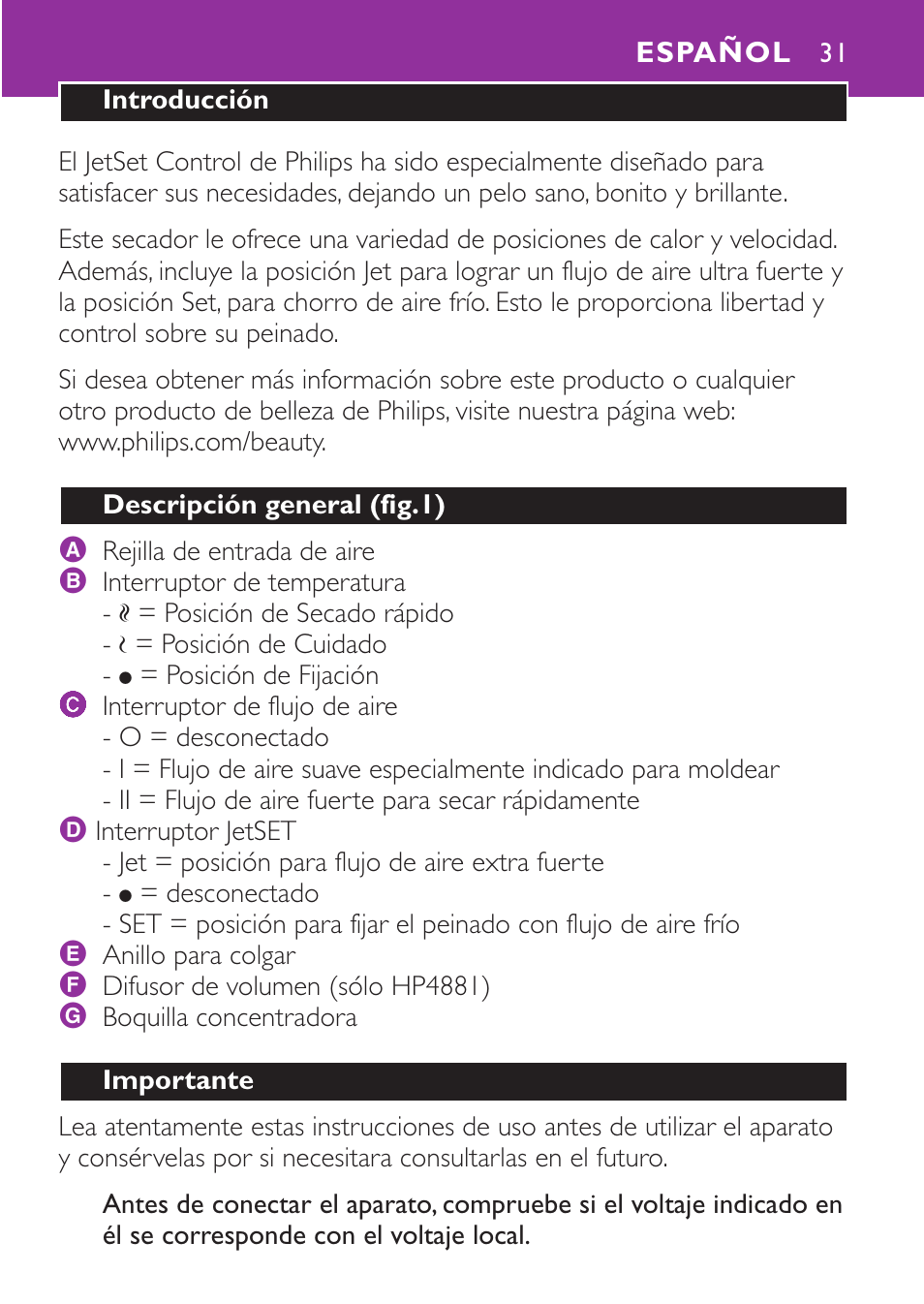 Español 31 | Philips Secador User Manual | Page 31 / 88