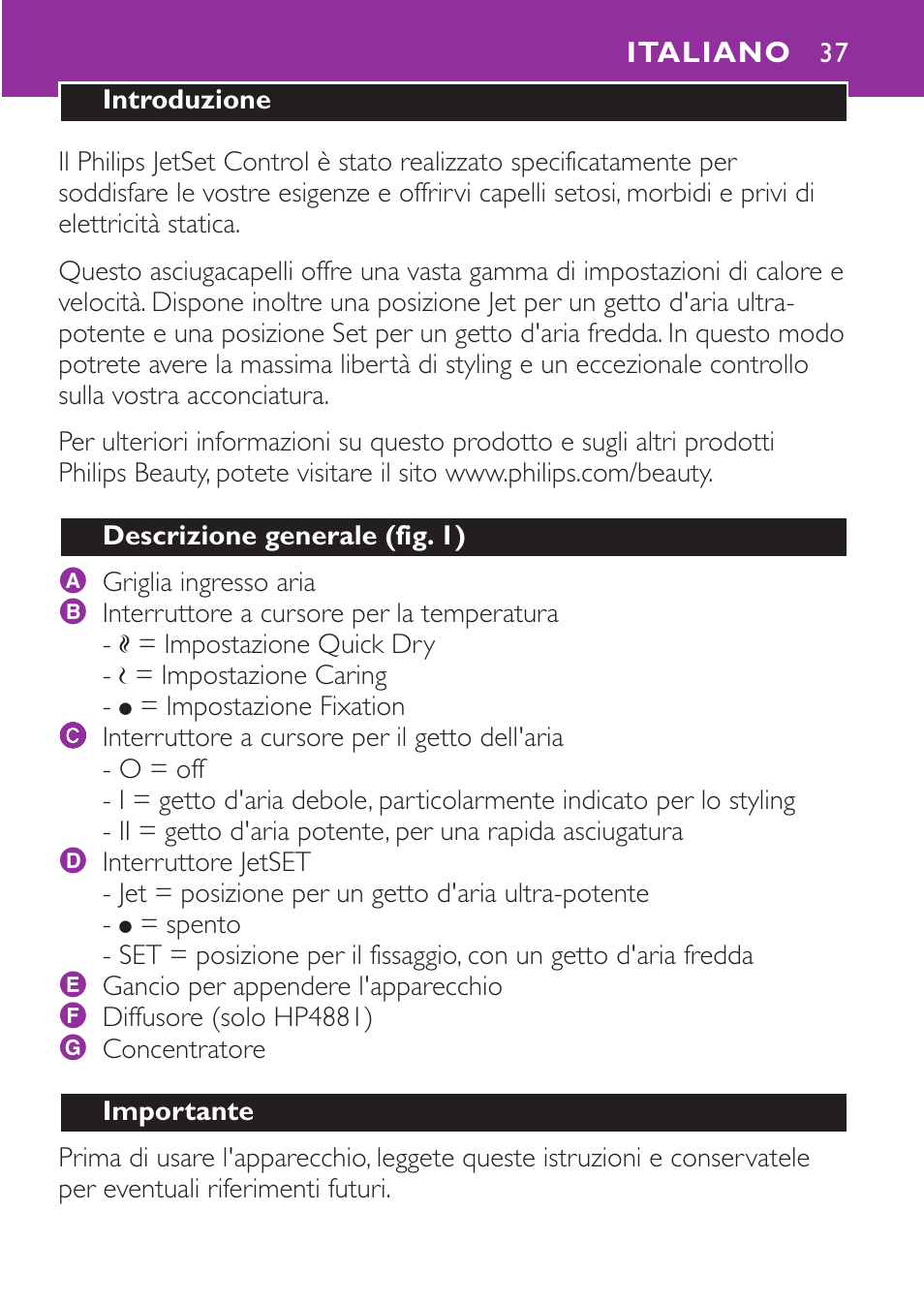 Italiano 37 | Philips Secador User Manual | Page 37 / 88