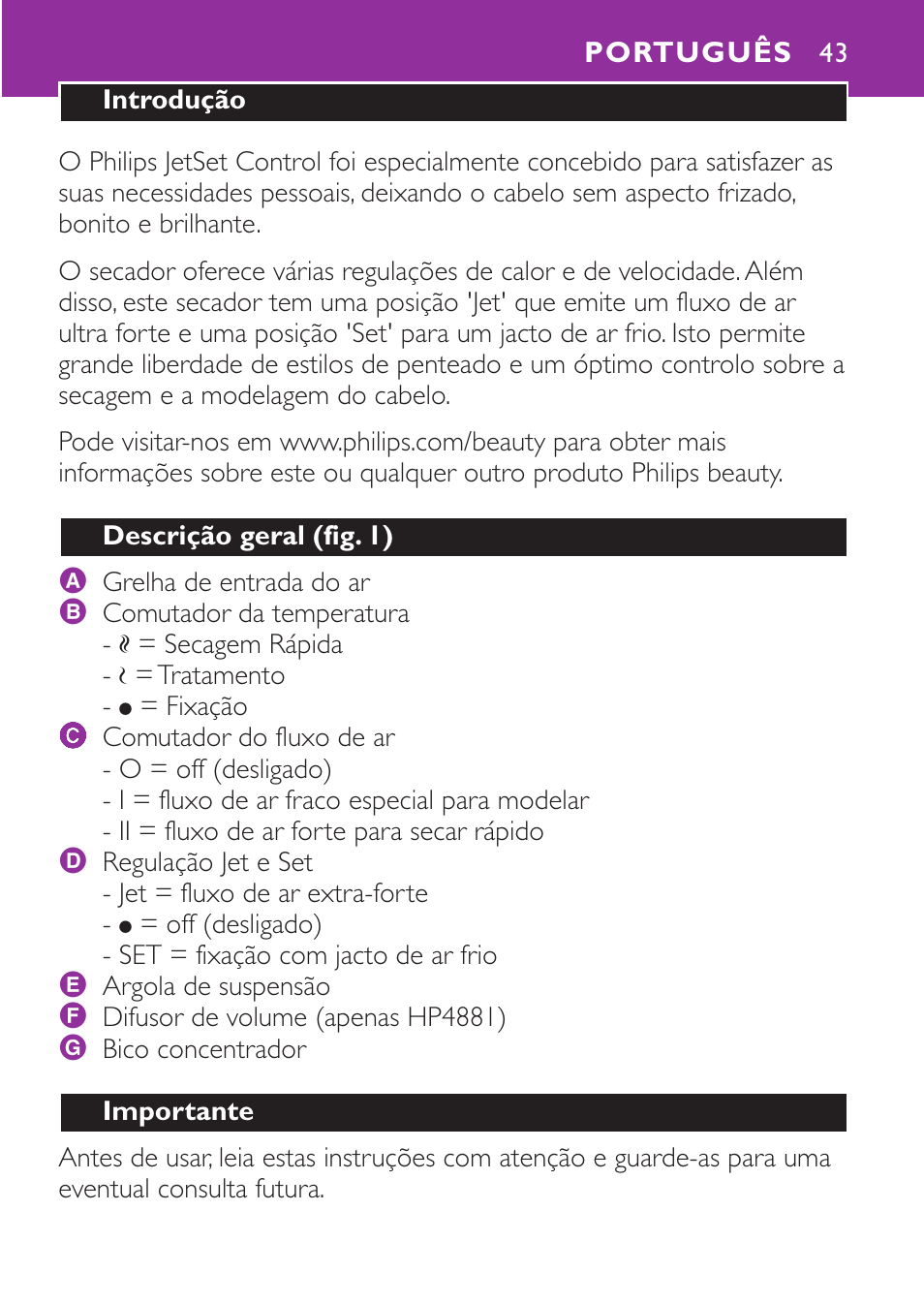 Português 43 | Philips Secador User Manual | Page 43 / 88