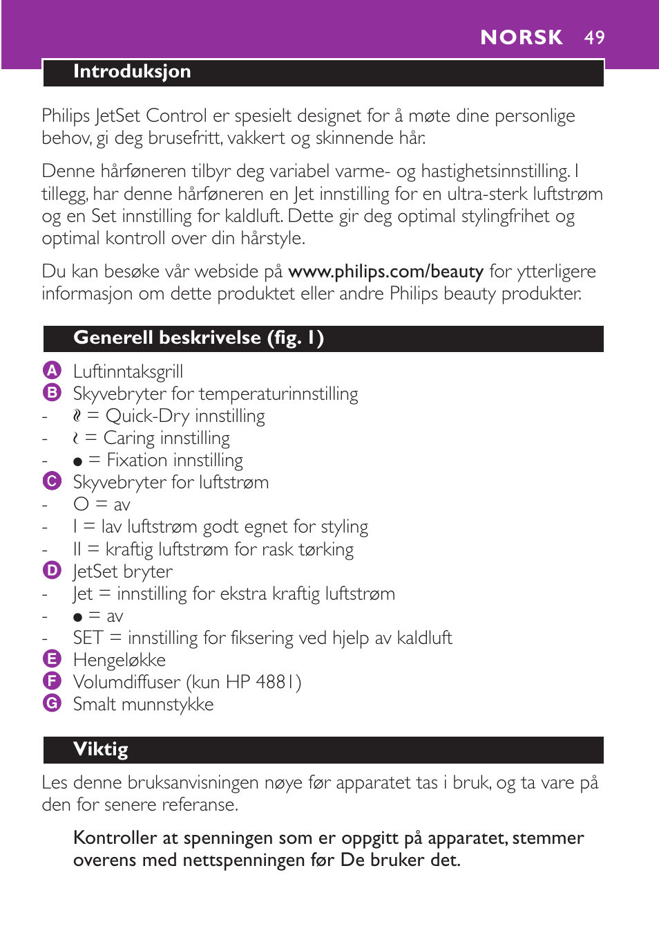 Norsk 49 | Philips Secador User Manual | Page 49 / 88