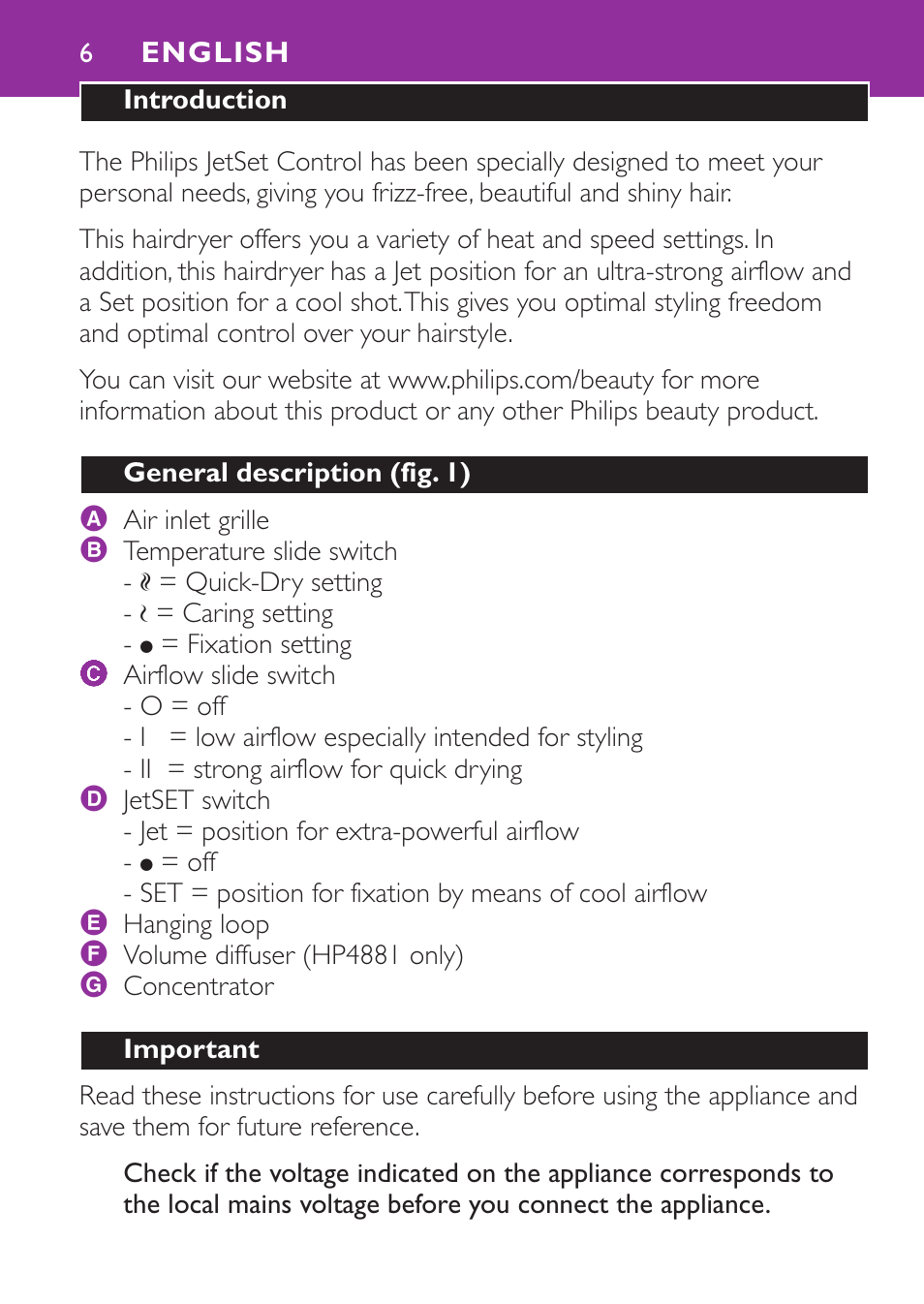 English 6 | Philips Secador User Manual | Page 6 / 88