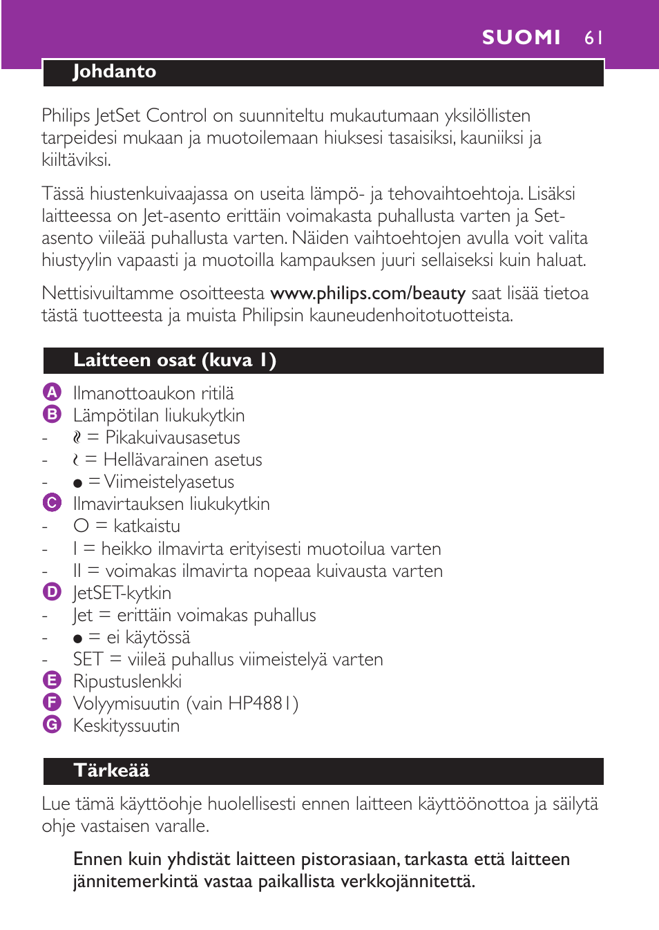 Suomi 61 | Philips Secador User Manual | Page 61 / 88