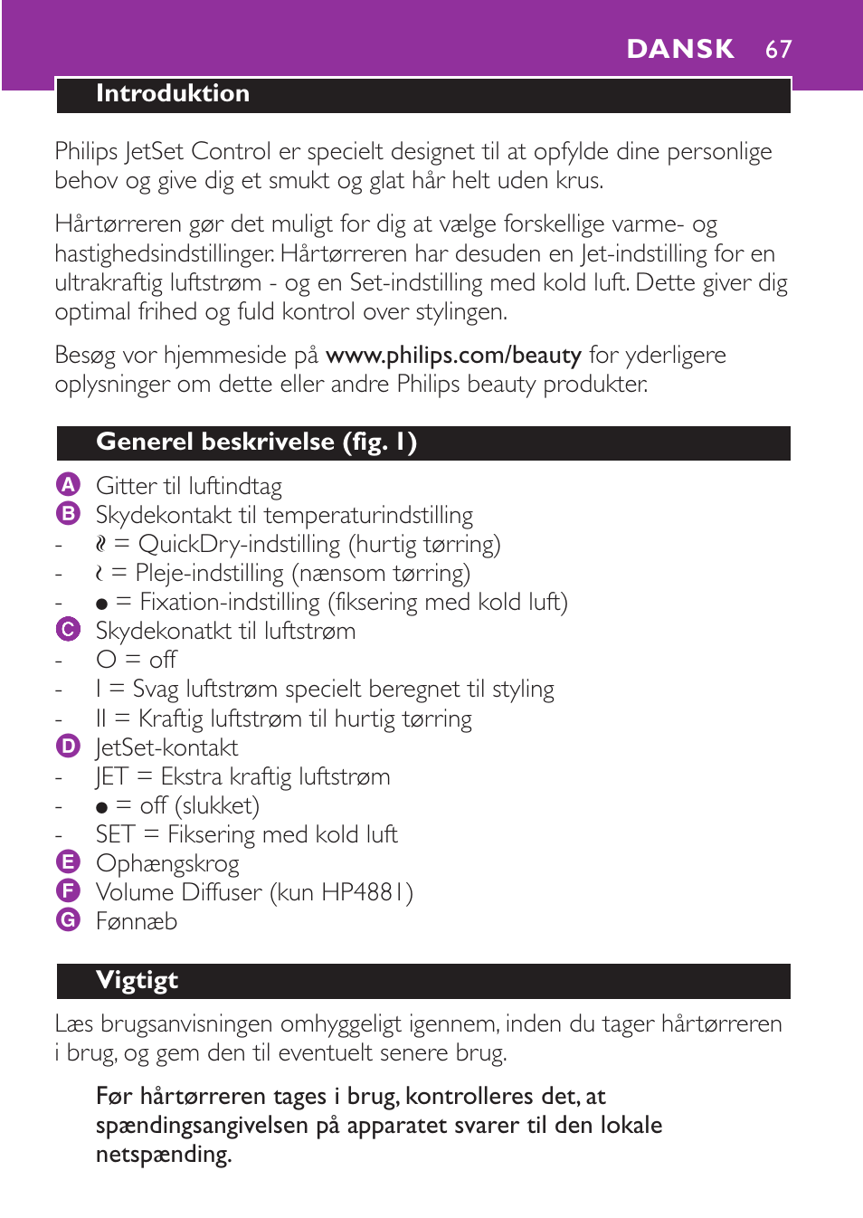 Dansk 67 | Philips Secador User Manual | Page 67 / 88