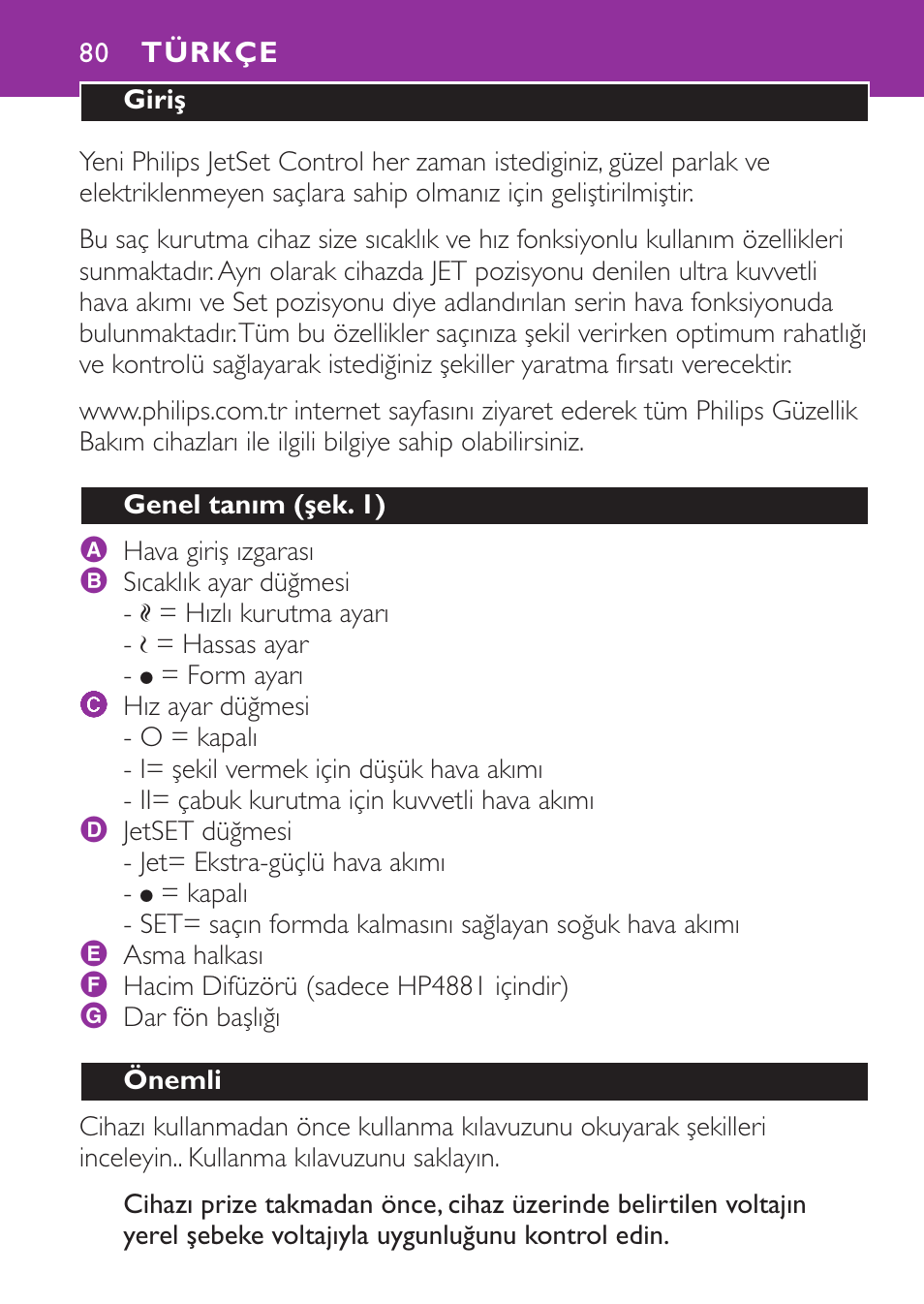 Türkçe 80 | Philips Secador User Manual | Page 80 / 88