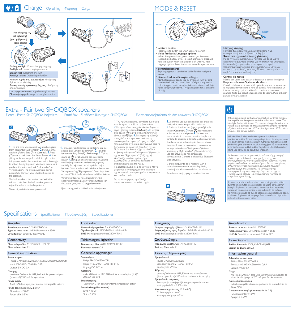 Specifications, Extra - pair two shoqbox speakers, Charge | Mode & reset | Philips altavoz portátil inalámbrico User Manual | Page 2 / 2